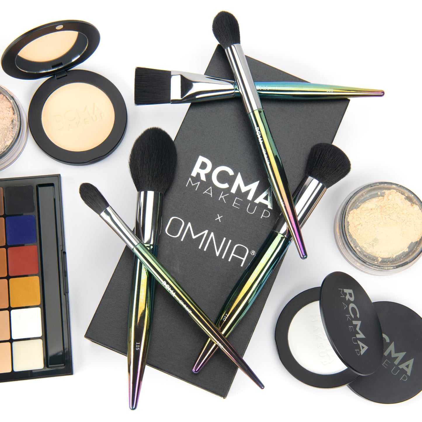 RCMA Makeup x Omnia Professional Brush Set 5pc | Premium | Synthetic Fibers | Iridescent Acrylic Handle | Face Powder, Complexion and Foundation Brushes