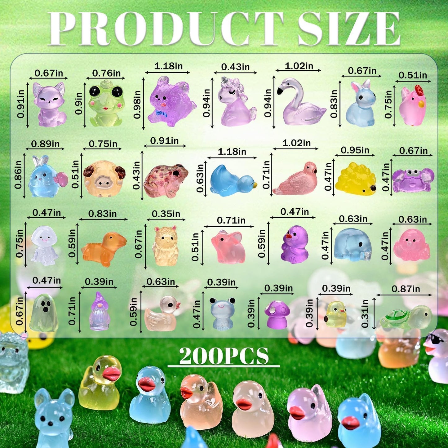 Prdingfy 200PCS Glow in The Dark Mini Resin Animals Bulk Variety Pack - 200 Styles Tiny Miniature Figures for Fairy Garden, Dollhouse, Aquarium Decor, Hide and Seek, Crafts