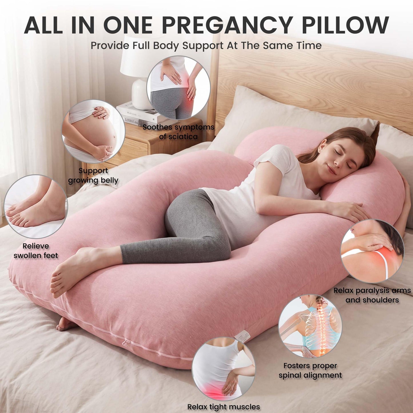 Jcickt Pregnancy Pillow for Sleeping,59 inch Maternity Pillow with Removable Washable Cover,J-Shaped Cooling Full Body Pregnant Pillow -Support for Backs,Legs, Belly, HIPS, Improve Sleep-Pink