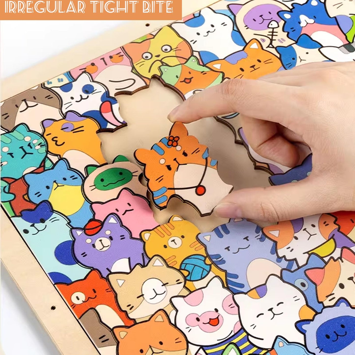 Little Kitties - Wooden Coloring Puzzle, Puzzle/Drawing/Assembly All in One, Wooden Cat Coloring Puzzle Frame, Natural Wood Grain, Equipped Marker Pen