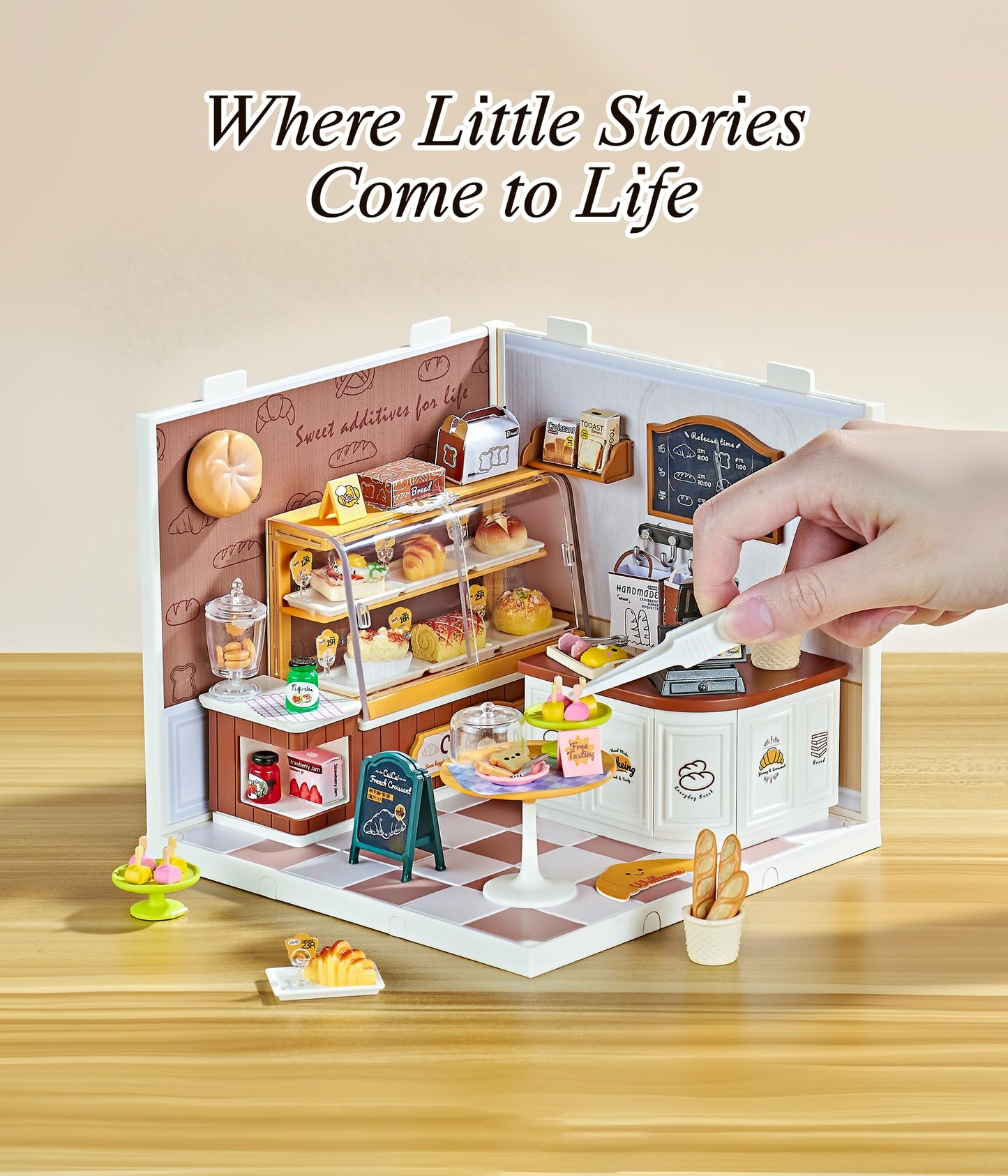 Tkmango Bread Shop DIY Miniature House Kit with Roof & LED Light, Stackable & Connectable Dollhouse Kit with Dustproof Door, Creative DIY Crafts Building Toy Gift for Adults Teens