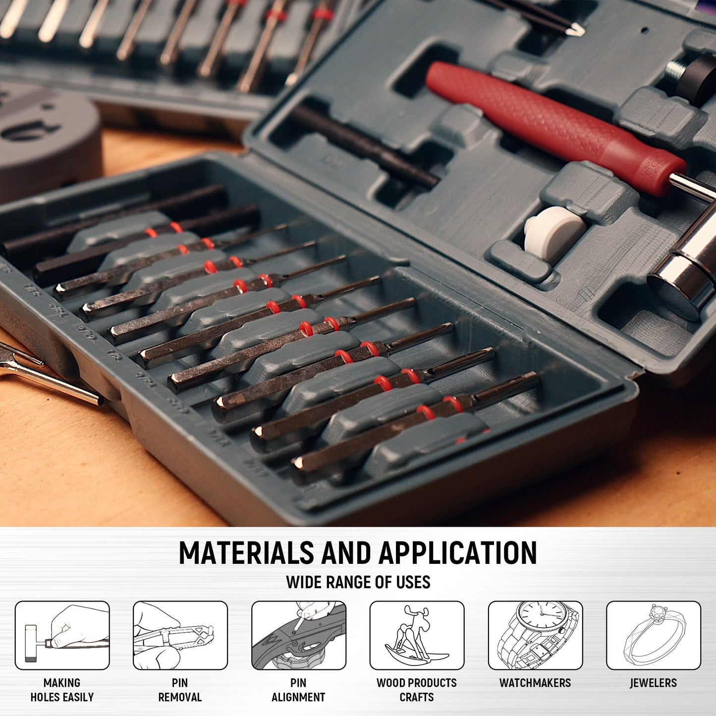 W WIREGEAR Pin Punch Set, Steel Roll Pin Punch Set, Punch Tool, Pin Punches with Replaceable Face Hammer, Made of Solid Material, Mechanical Repair Tool with Bench Block