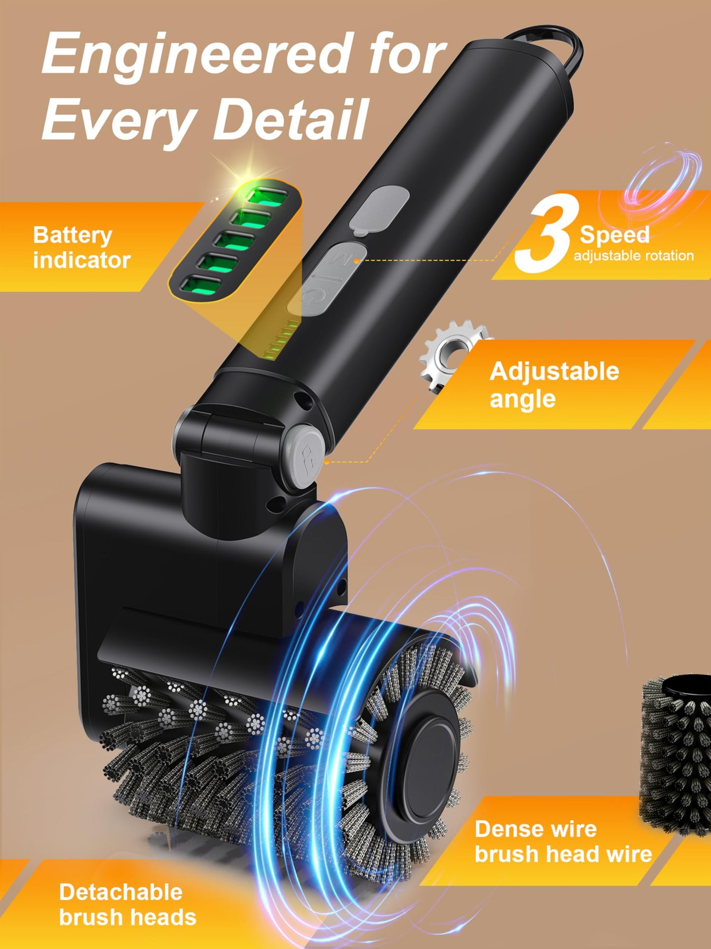 Aurviv Electric Grill Brush, Cordless Automatic BBQ Cleaner with 3-Speed Control, Rechargeable Grill Cleaning Brush with Stainless Steel Heads & Scouring Pad, BBQ Accessories Gift for Men