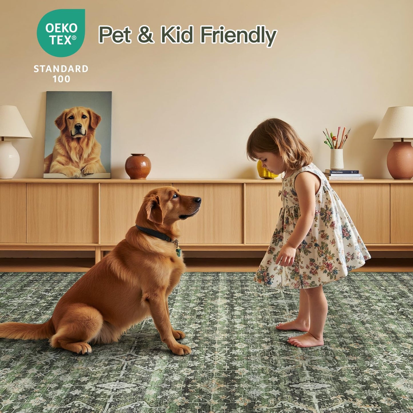 Lofus 8x10 Area Rug for Living Room,Green Washable Large Rugs with Non-Slip Backing,Soft Boho Carpets for Bedroom Dining Room Home Office Indoor Nursery