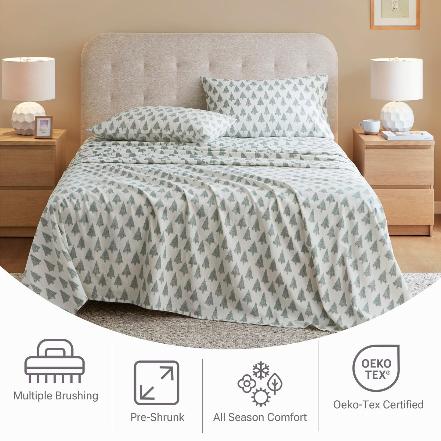 True North by Sleep Philosophy Cotton Sheet Set Cozy Print 100% Cotton Flannel Sheets Bedding Set, Oversized Sheets, Deep Pocket Fits Up to 14" Mattress Queen Bed Sheets Queen Ikat Tree 4 Piece
