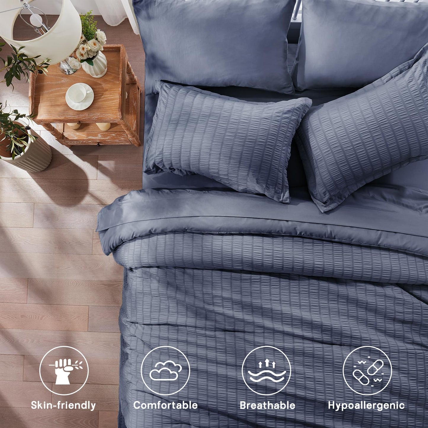 Zzlpp Twin Bedding Set 5 Pieces, Greyish Blue Seersucker, All Season Comforter Set with 1 Comforter, 1 Pillow Sham, 1 Pillowcase, 1 Flat Sheet, 1 Fitted Sheet