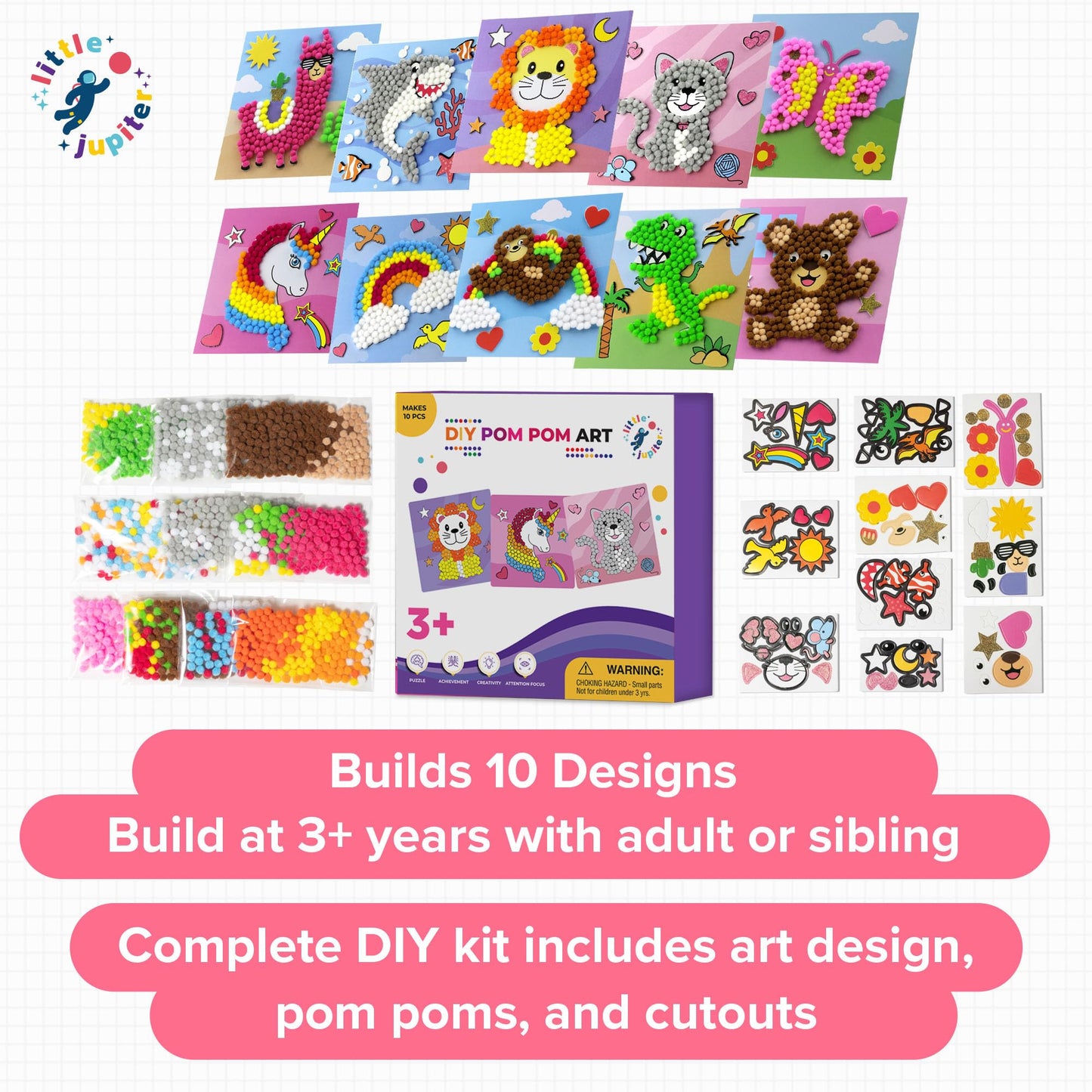 Little Jupiter DIY Pom Pom Art - Makes 10 Art Pieces -Boy & Girl Crafts for Kids Age 3-5 - Toddler Crafts Ages 3-5 - Kids Crafts 3-5 - Activities for Kids Ages 3-5 - Arts and Crafts for Kids (Set3)