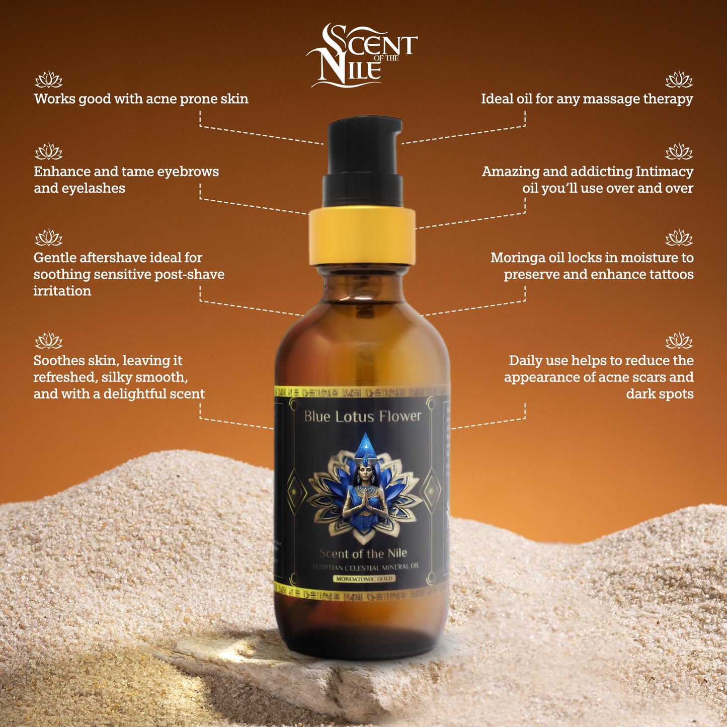100% Pure Moringa Oil blended with Blue Lotus Flower Essential Oil and Ormus Gold, Premium Pure Moringa Seed Oil for Radiant Skin, Nourishing & Hydrating Face, Hair, Nails, and Body - 2oz. (60ml)