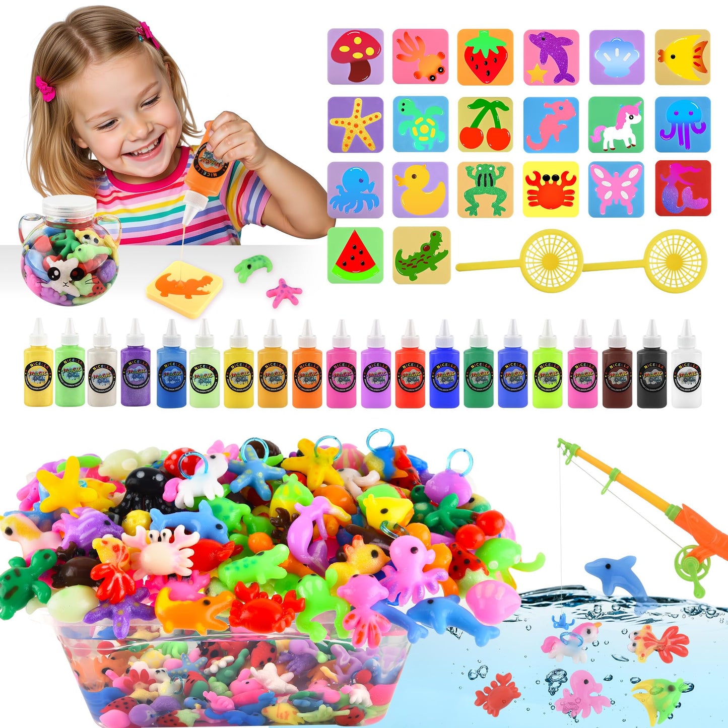 Nicella Magic Water Elf Toy Kit, Waters Pets, Aqua Water Gel with 20 Magic Gels and 20 Shape Molds, DIY Squishy Maker Kit, Kids Summer Crafts，Make Your Own Squishies Toys Crafts for Boys & Girls
