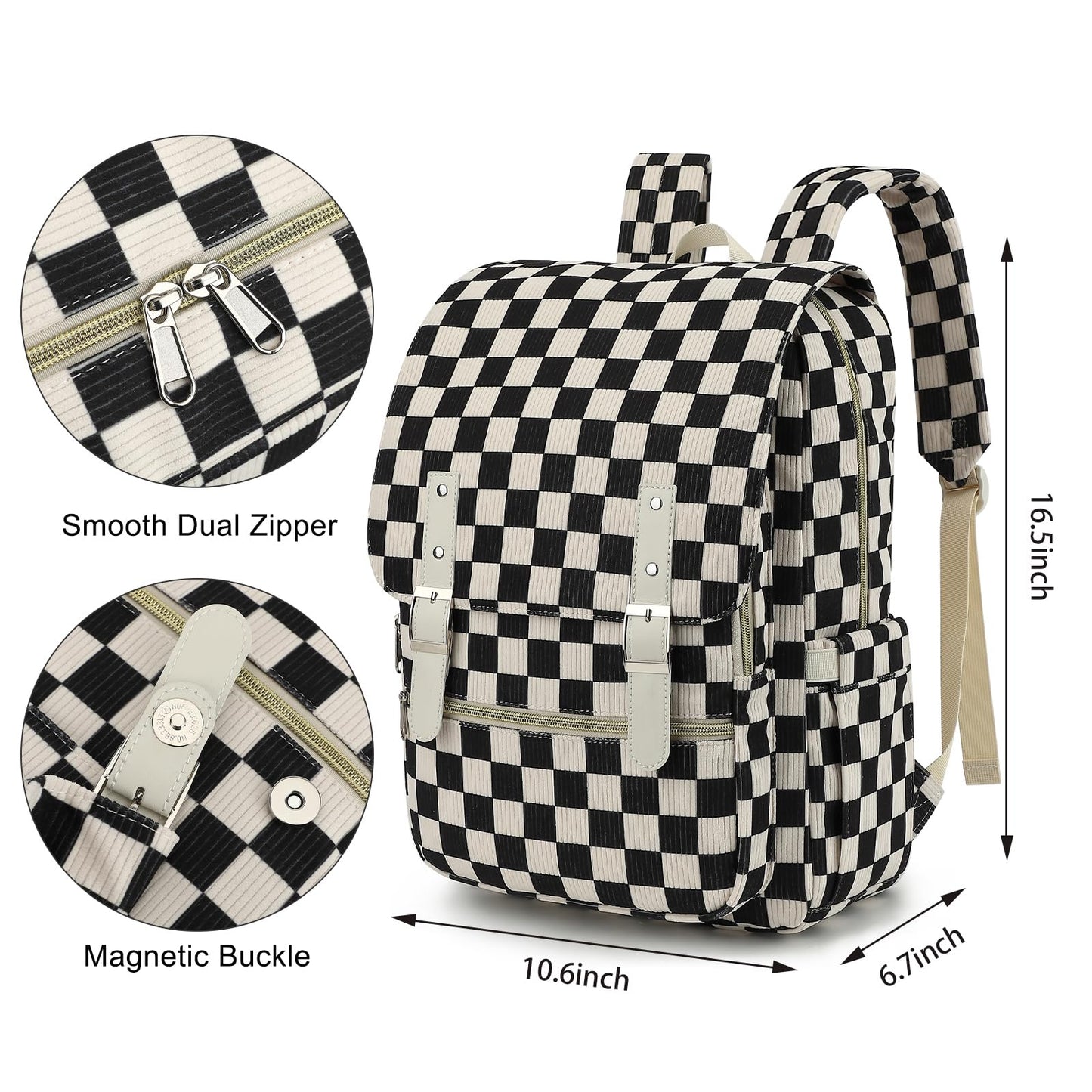 Dezcrab Corduroy Travel Backpack for Women, 15.6 Inch College Laptop Backpack, Fashion School Bookbag Work Backpacks (Corduroy Checkered Black)