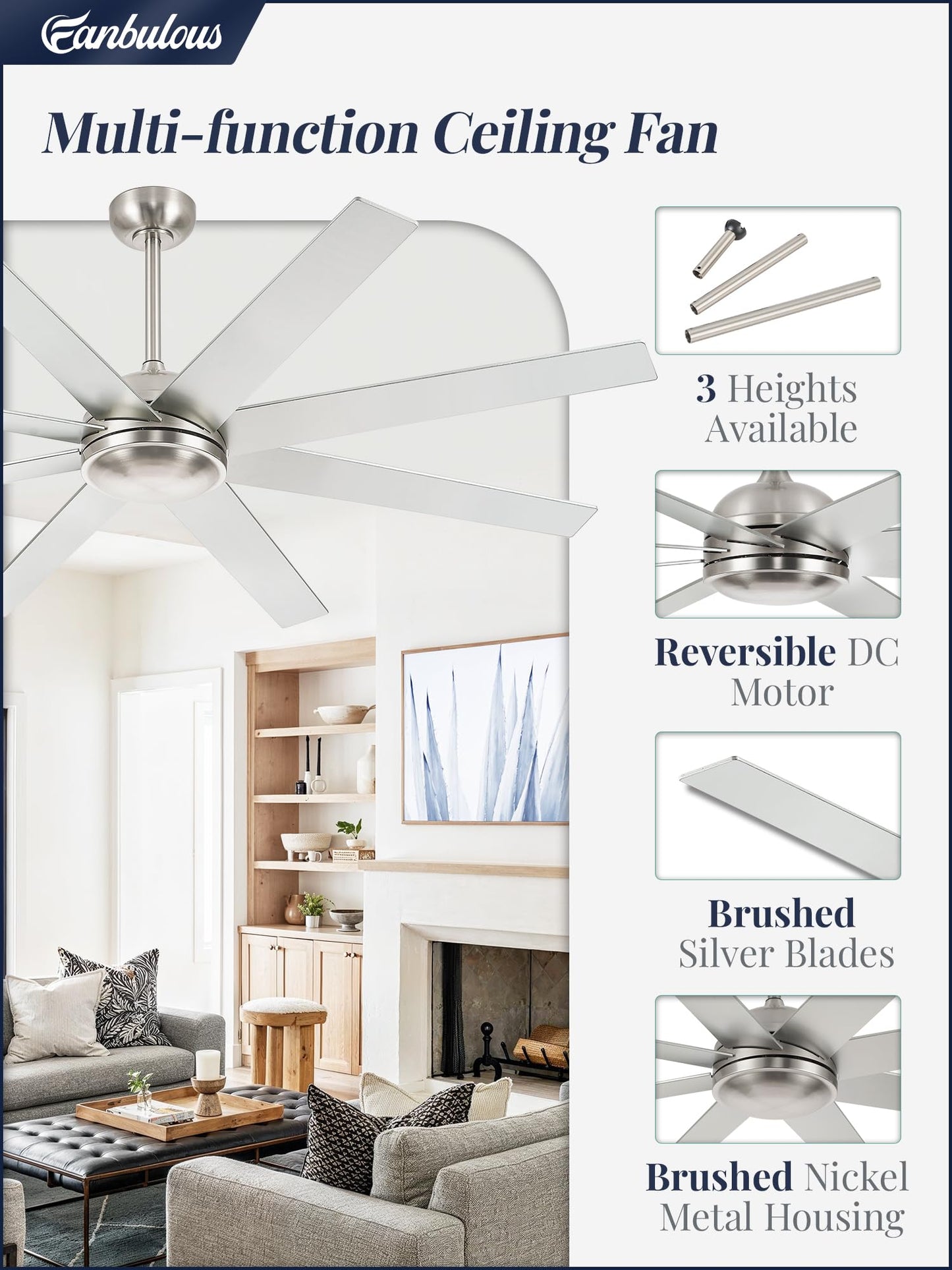 65 Inch Ceiling Fans No Light with Remote, Brushed Nickel Indoor/Outdoor Ceiling Fan Without Light with Quiet Reversible DC Motor, 6 Speeds, 8 Blades Large Ceiling Fan for Living Room Bedroom Patio