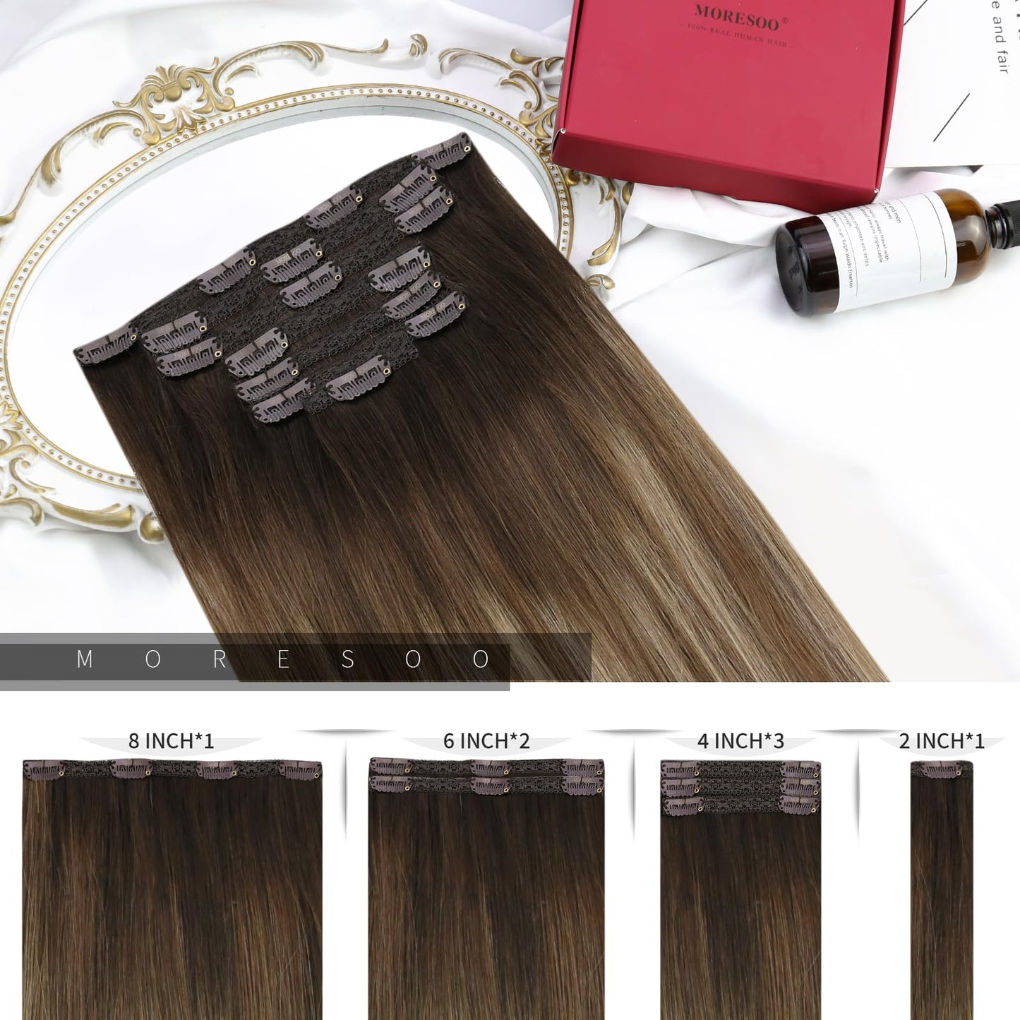 Moresoo Clip in Hair Extensions Real Human Hair Balayage Clip in Extensions for Women Ombre Dark Brown to Golden Brown with Dark Ash Blonde Hair Extensions Clip in Human Hair 18inch 7Pcs 120G