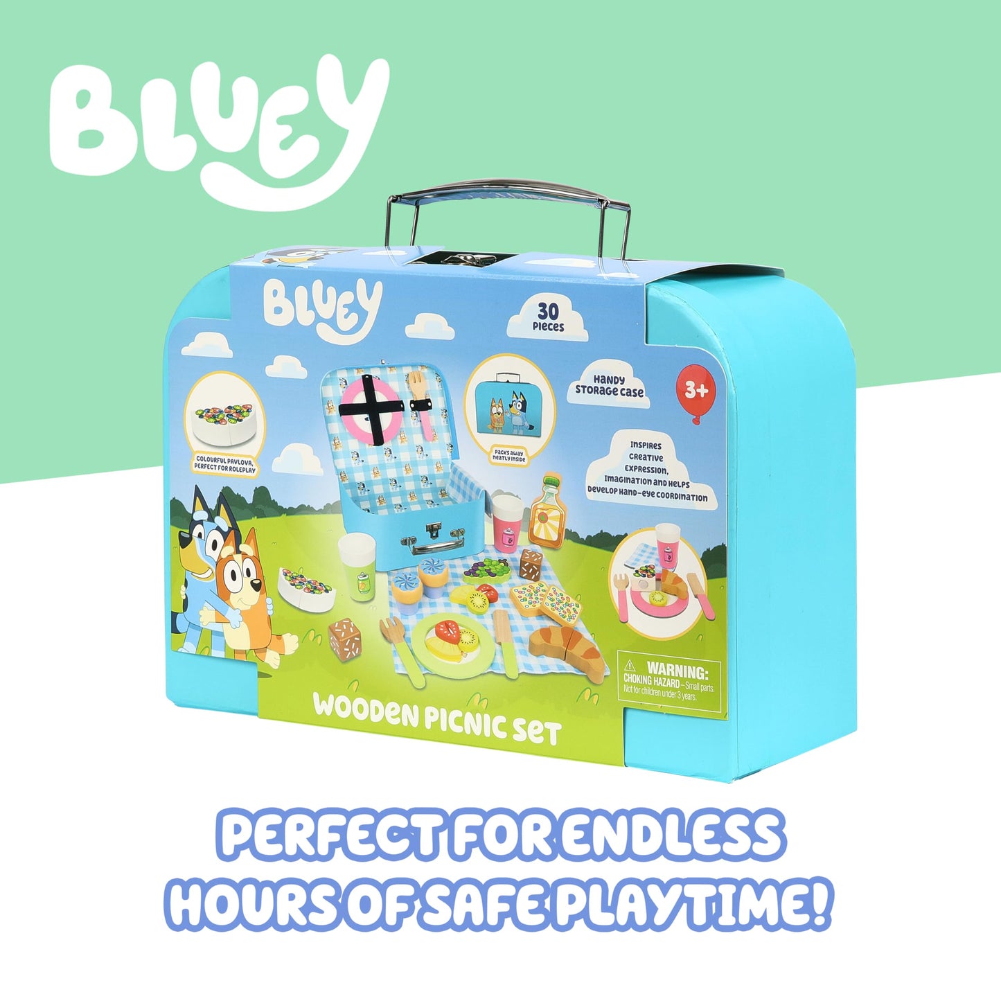 Bluey – Picnic Basket Set – 30 Piece Wooden Roleplay Toy with Carry Case, Cutlery & Pretend Food Accessories for Kids – FSC-Certified Material – Fun Imaginative Kit for 3 Years and Up