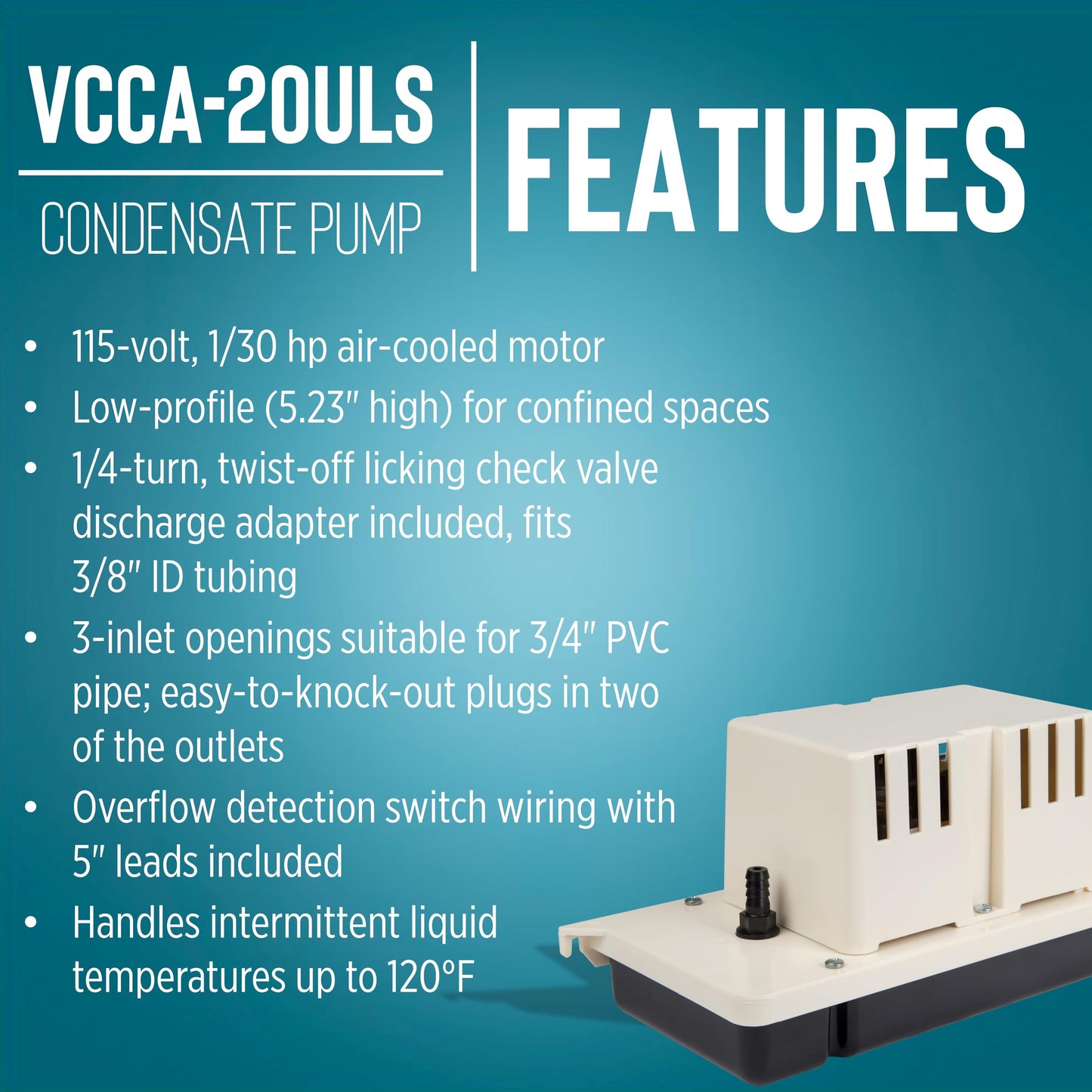 Little Giant VCCA-20ULS 115-Volt, 60 Hz, 1/30 HP, 80 GPH Low-Profile Automatic Condensate Removal Pump with Safety Switch, White/Black, 554201101