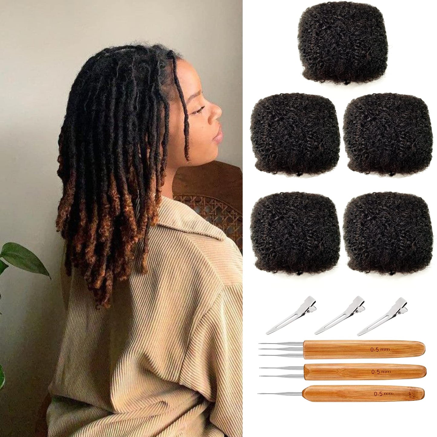 Jiffylocs Tight Afro Kinkys Bulk Human Hair for Dreadlock Extensions 100% Human Hair,5 Packs 8 Inch 150g,Natural Black #1B,Repair Extensions,Making Locs Twist or Braids