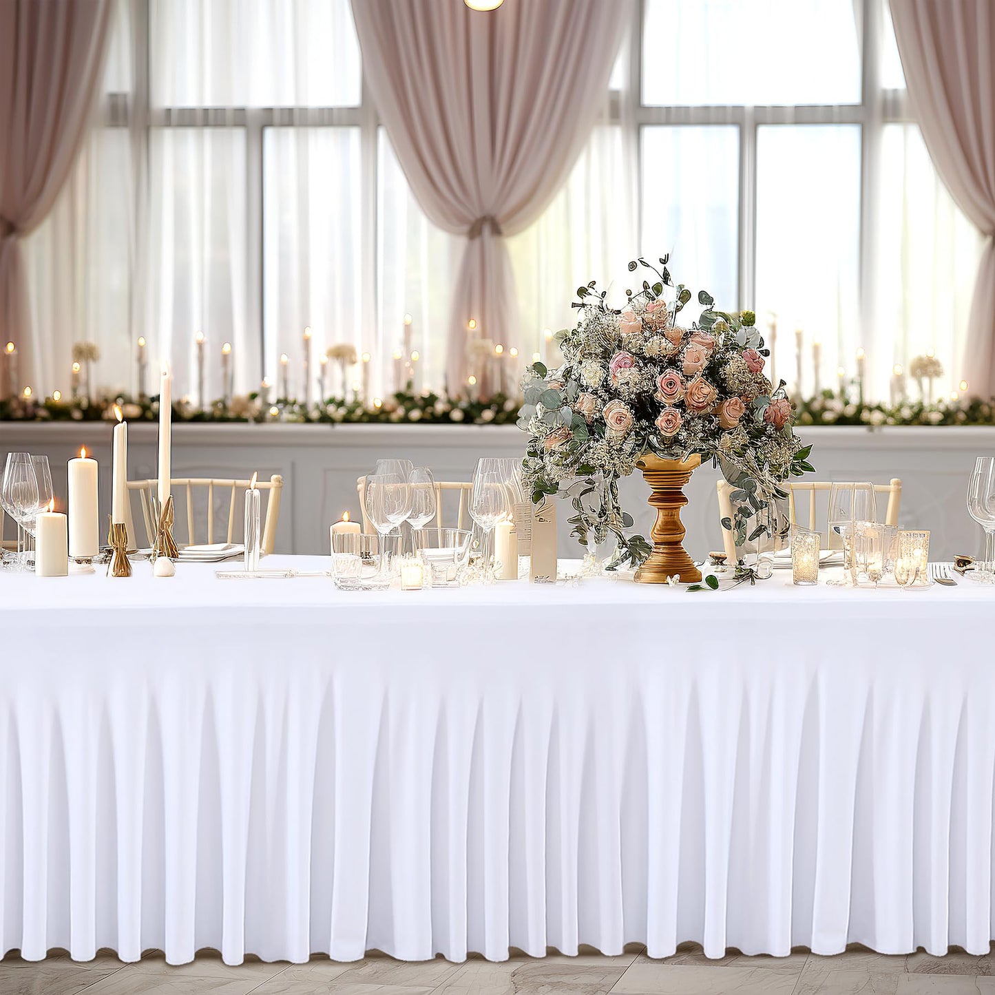 4 Packs White Table Clothes for 6 Foot Rectangle Tables, One-Piece Wrinkle Resistant Stretch Spandex Table Covers with Skirt for Event Banquet Wedding Birthday Party