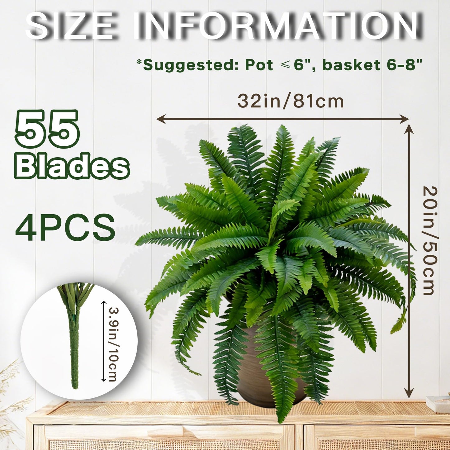 Senjie Artificial Boston Fern 4 Set 55 Branches Fake Ferns for Outdoors 32Inch Faux Plant for Home Living Room Office Decor