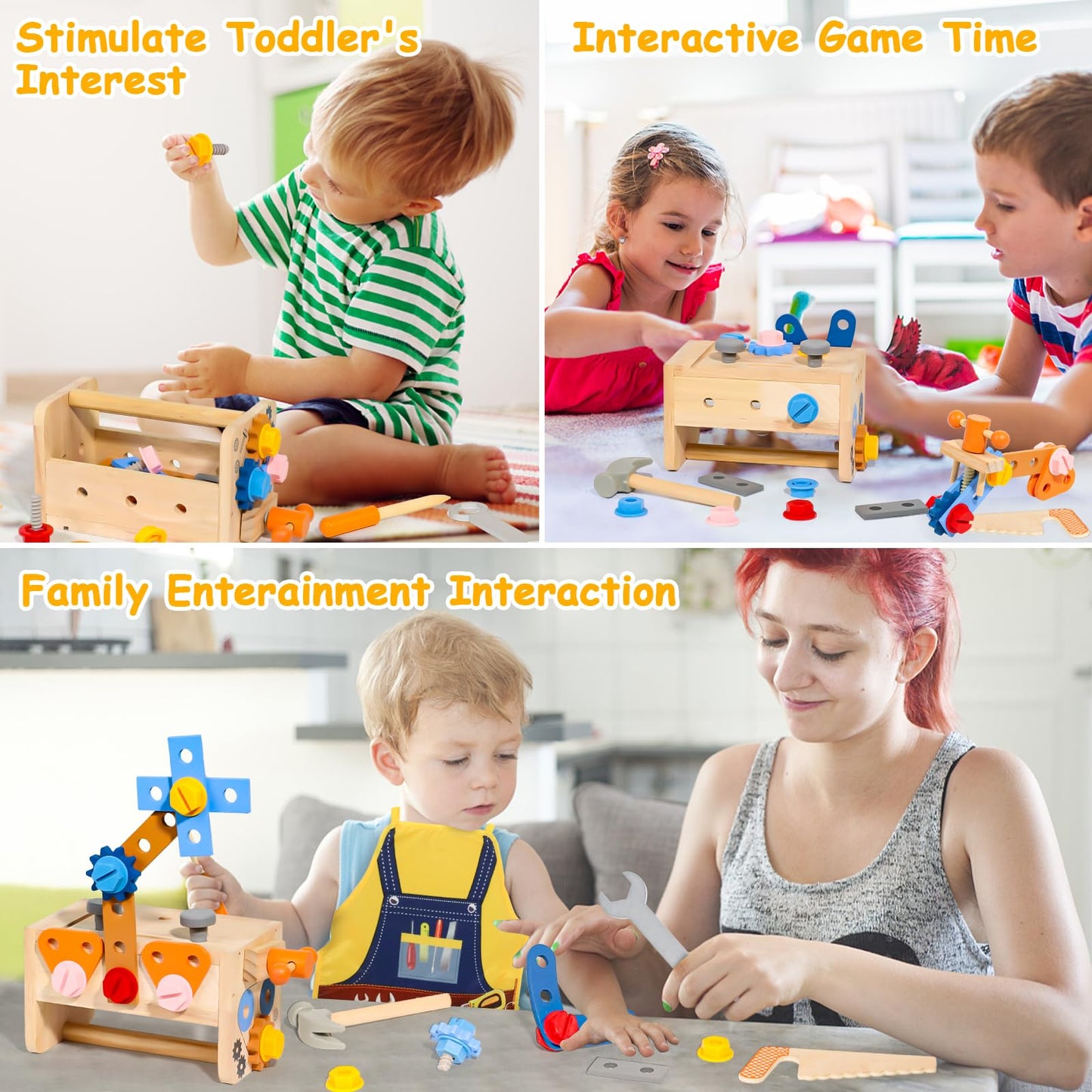 TONZE Kids Tool Set with Apron Wooden Toddler Tool Bench Box Montessori Toys for 2 3 4 Year Old Boys Girls Educational STEM Building Toys Pretend Play Toddler Toys 3 to 5 Years Old Birthday Gift