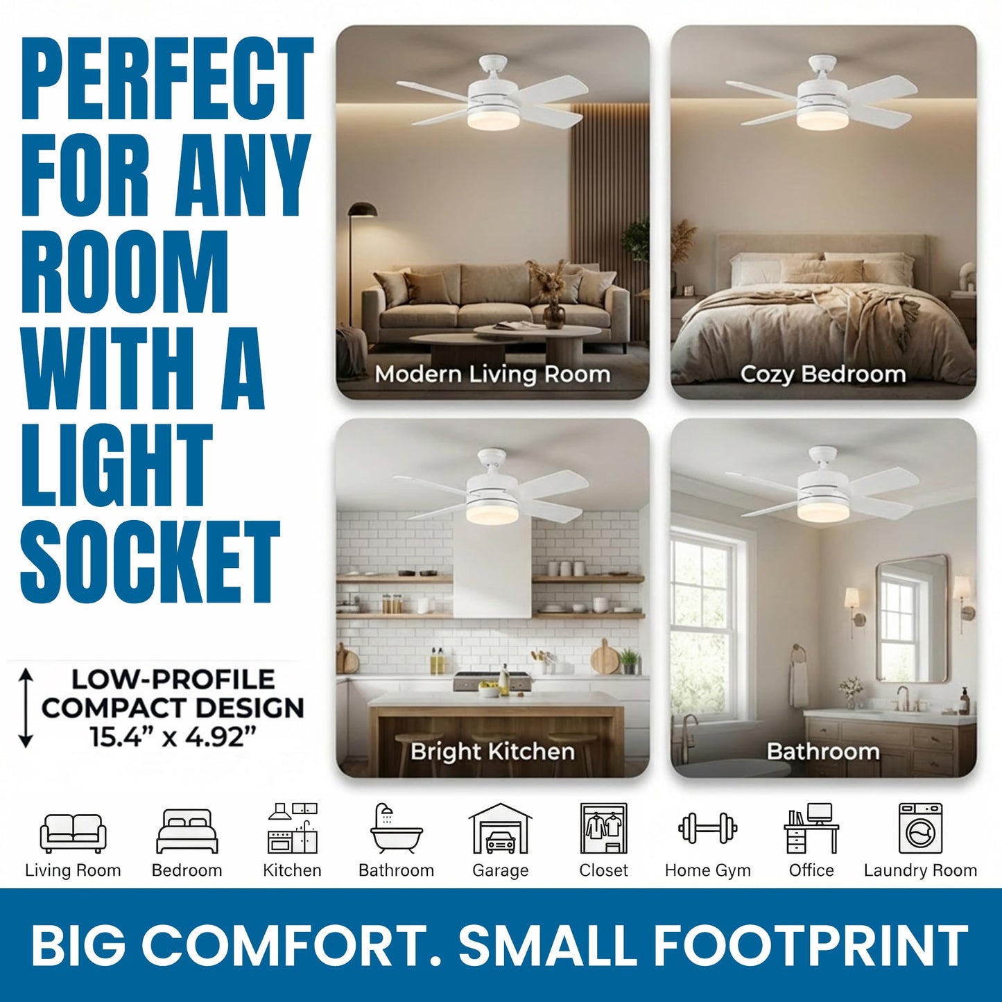 Bell+Howell Socket Breeze 15.4" Socket Fan Light, 5-Speed Deluxe Model – Portable Low Profile Ceiling Fans with Lights and Remote Control – For Bedroom, Kitchen, Living Room