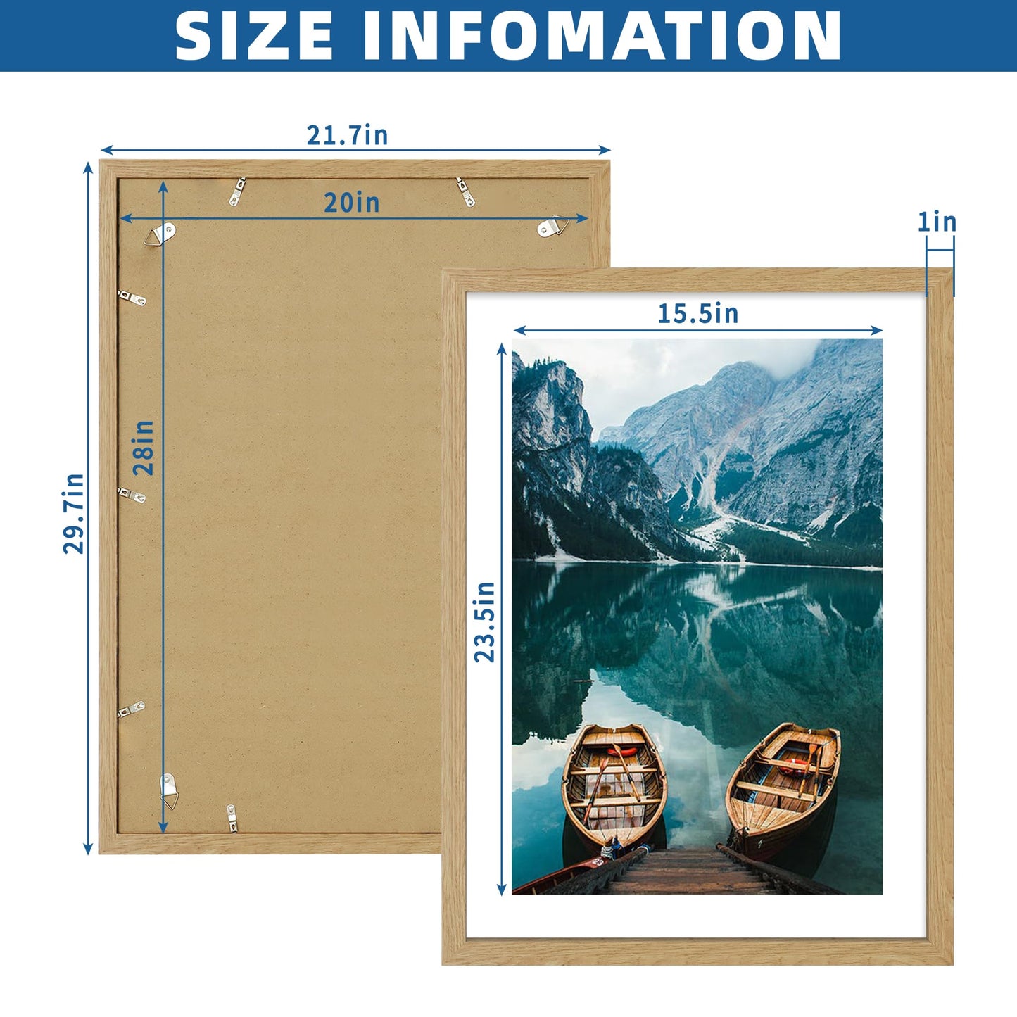 Hongkee 20x28 Picture Frame Set of 2, Natural Oak Wood Style - Display 16x24 Picture with Mat or 20 x 28 Poster without Mat, Wall Mounting Horizontal and Vertical