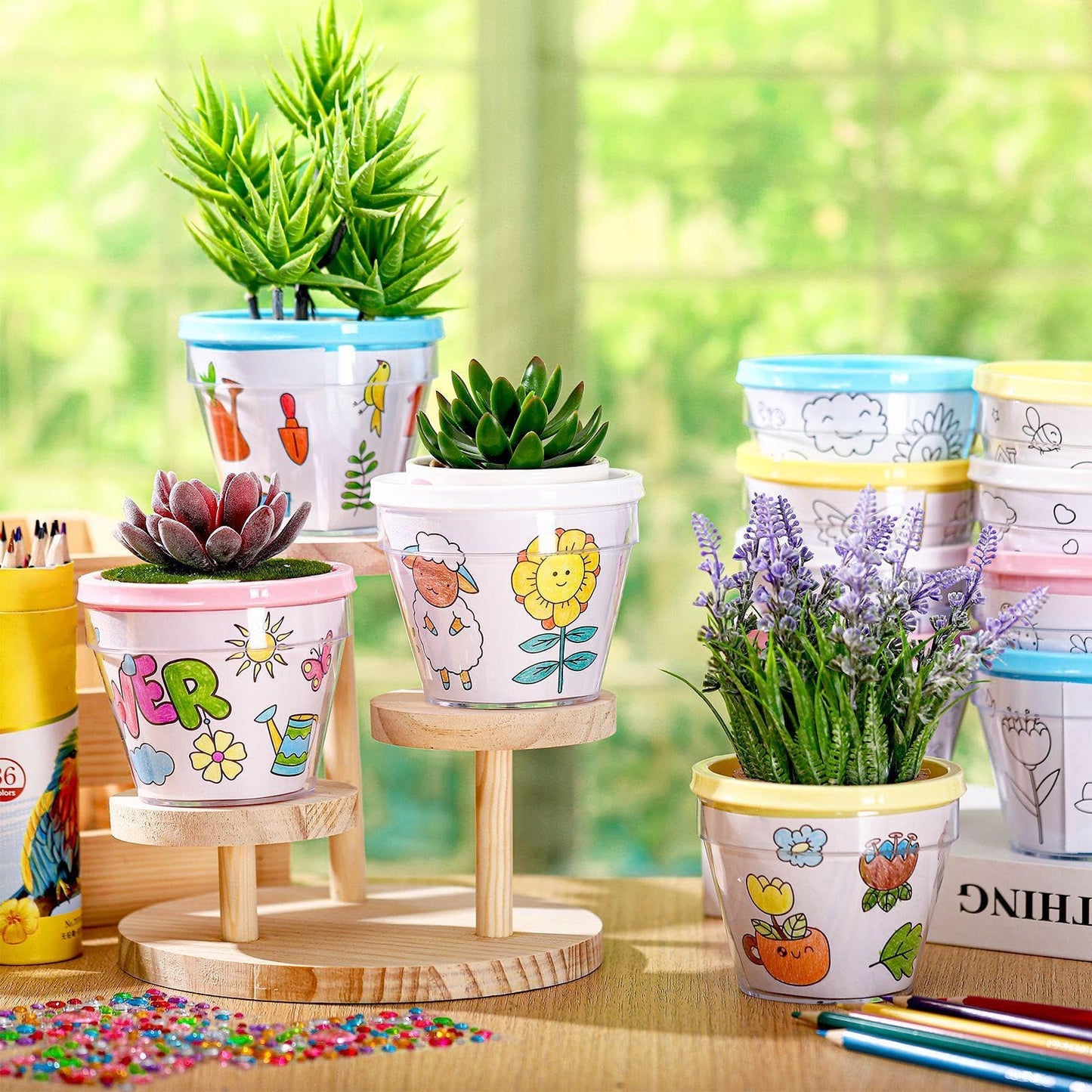 SiliFine 24 Pcs Spring DIY Flower Pots Crafts for Kids with 24 Drawing Inserts and 4 Sheets Rhinestones Stickers Color Your Own Flower Plant Pot for Kids DIY Art Projects Fun School Home Activities