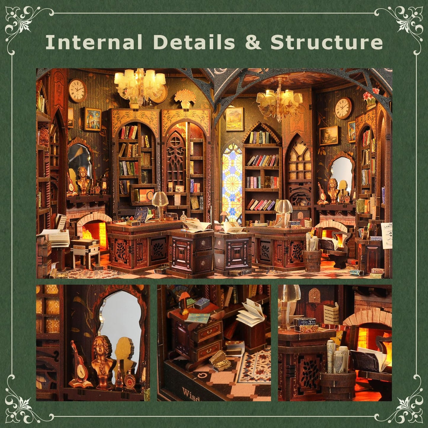 Classical Library Miniature House Kit - DIY Miniature Kit for Adults, Teens, Dollhouse Booknook Bookshelf Insert Decor with LED Light, 3D Wooden Puzzle Gifts for Family, Friends