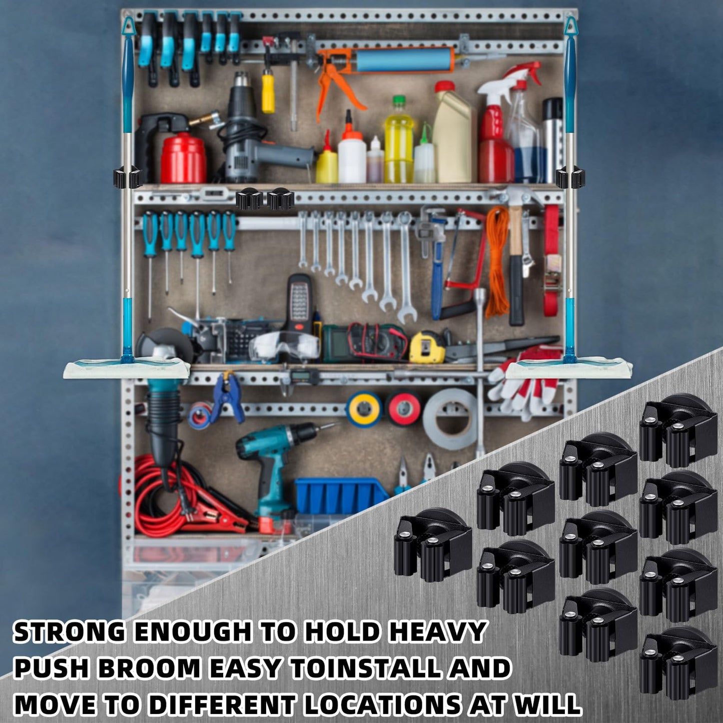 Vercraft 10 Pcs Magnetic Mop Broom Holder Movable Magnetic Broom Holder Rack, Anti Slip Wall Mounted Utility for Cleaning Tools, Garage, Kitchen, Laundry, Garden (Black)