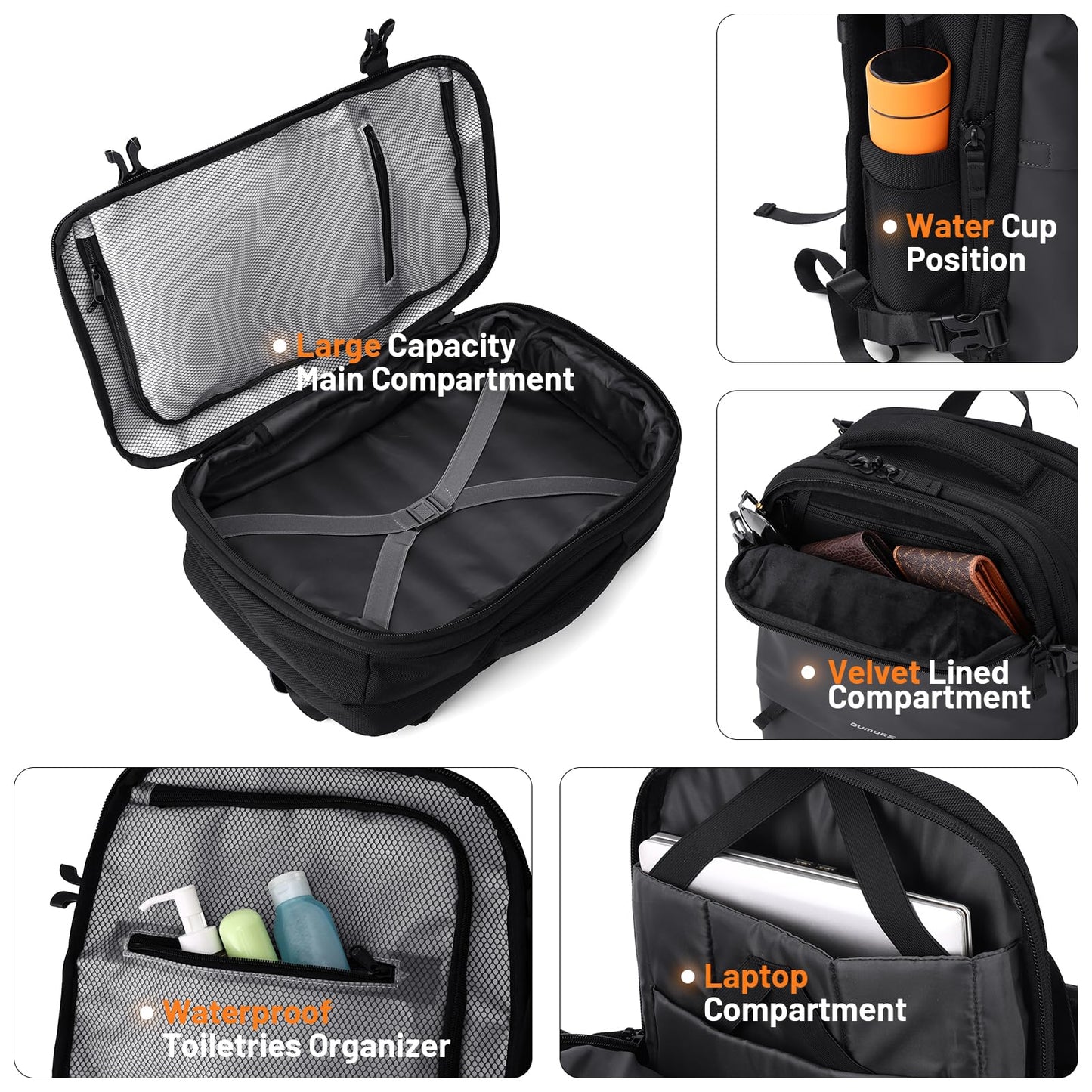 Oumurs Laptop Backpack for Long Travel with 30-40L Expandable Large Capacity Water-resistant Gray 1680D Oxford Fabric Lamination Fabric