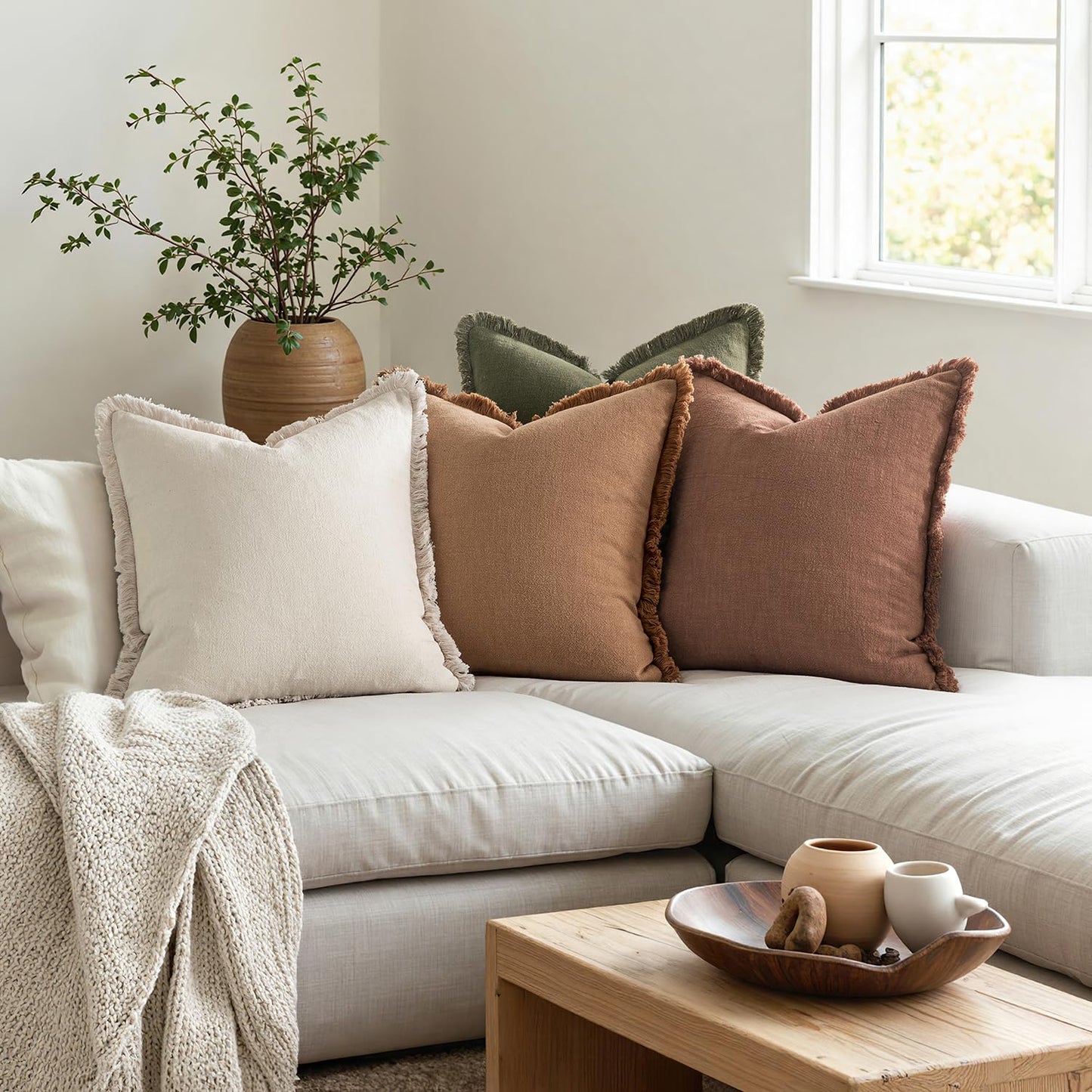 MIULEE Fall Decorative Couch Pillow Covers Neutral Linen Fringe Throw Pillows Set of 4 Soft Rustic Cushions Boho Farmhouse Pillowcases for Bed Sofa Living Room Home Decor 18x18 Inch Beige/Brown/Green