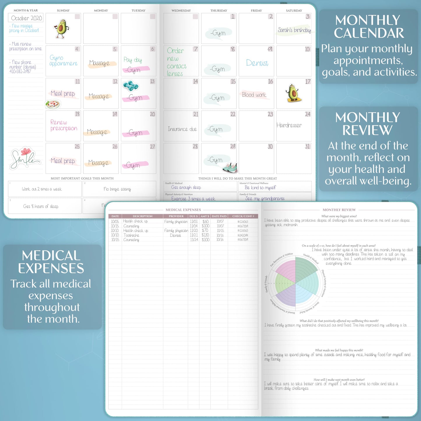 Legend Medical Planner – 12-Month Health Tracker Journal to Track Meals, Symptoms, Blood Pressure, Lab Test Results – Med & Wellness Notebook for Daily Self-Care & Health Goals (Aquamarine)