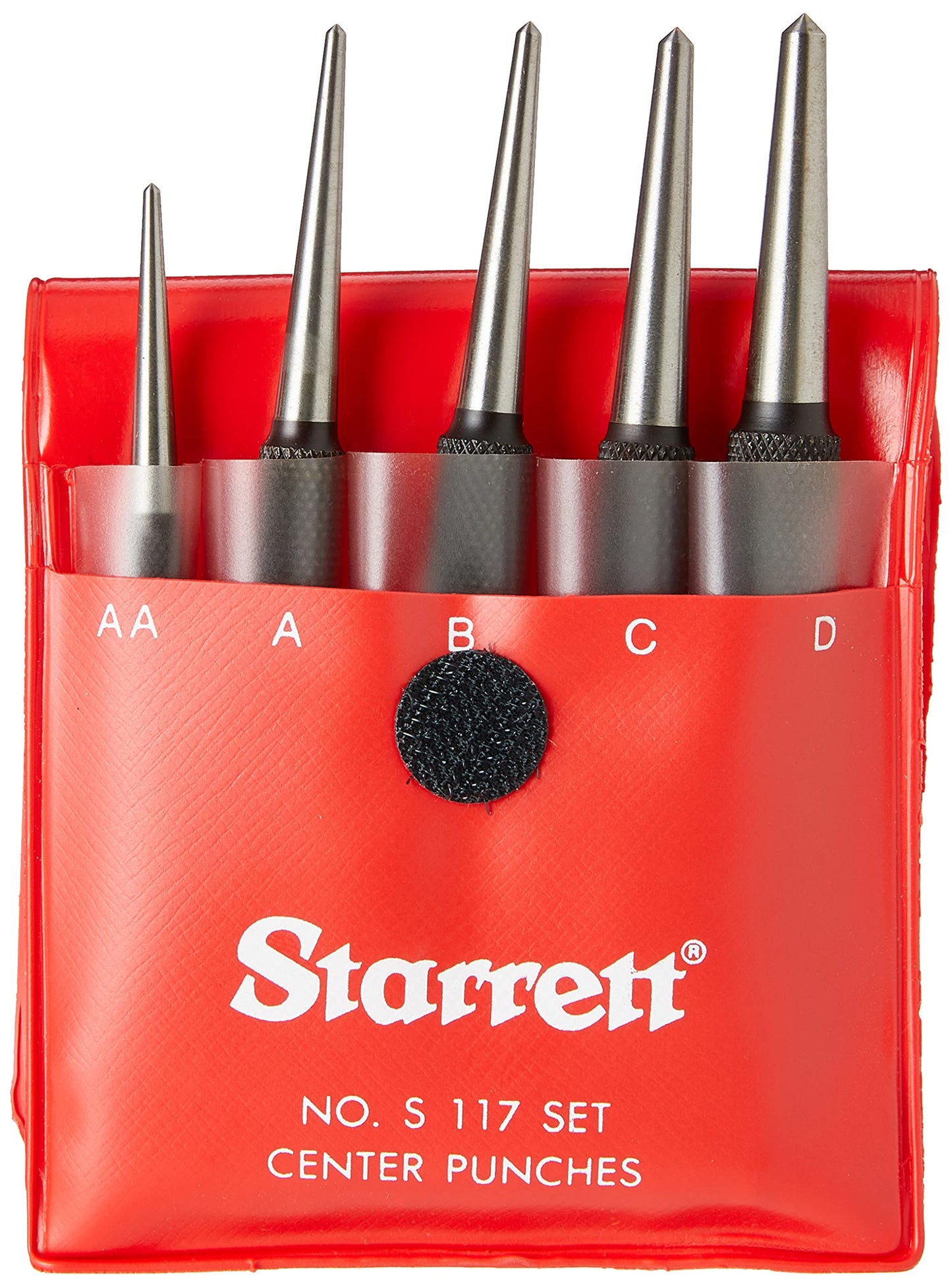 Starrett Steel Center Punch with Round Shank and Knurled Finger Grip - Hardened and Tempered Steel, 0-4" Length, 1/16, 5/64, 3/32, 1/8, 5/32 Diameter Tapered Point - 5 Pieces - S117PC