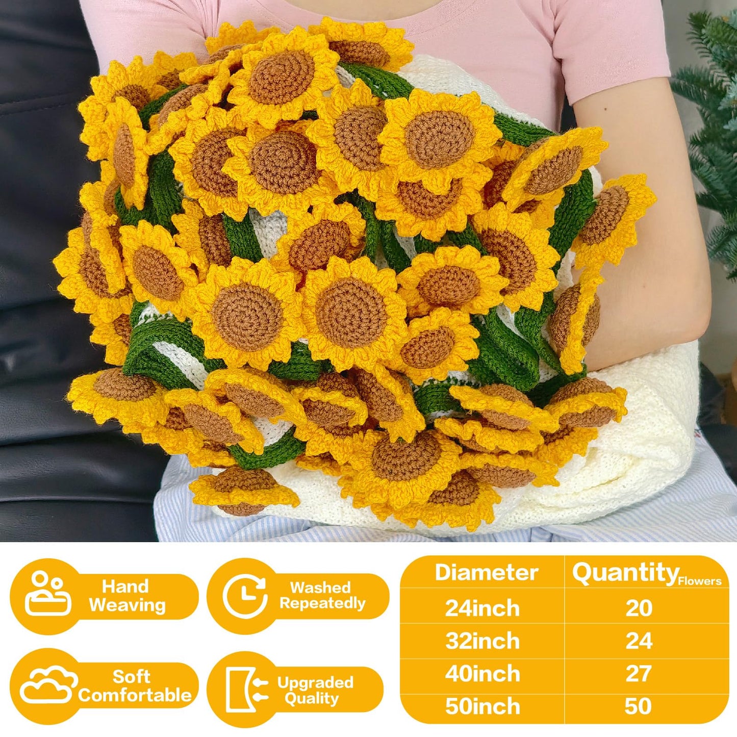 SoffMoiis Crochet Sunflower Bouquet Blanket, Handmade Flower Blankets, 59 Inch Round Floral Knitted Gifts for Mother's Day, Birthday, Teacher, Friend, Home Decor, Sofa（Finished Product）