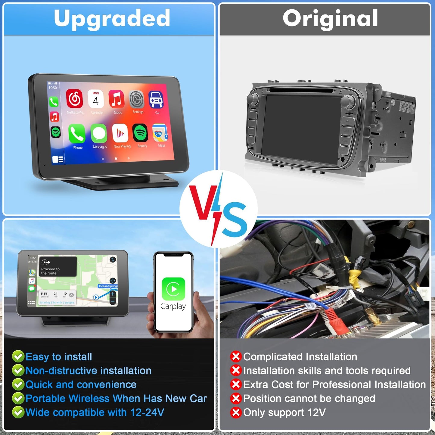 【Hieha】 2024 Newest Wireless Portable Carplay and Android Auto, Carplay Screen for Car with Mirror Link/AUX/FM,7" Touchscreen Bluetooth 5.0, Potable Car Stereo with，car Accessories