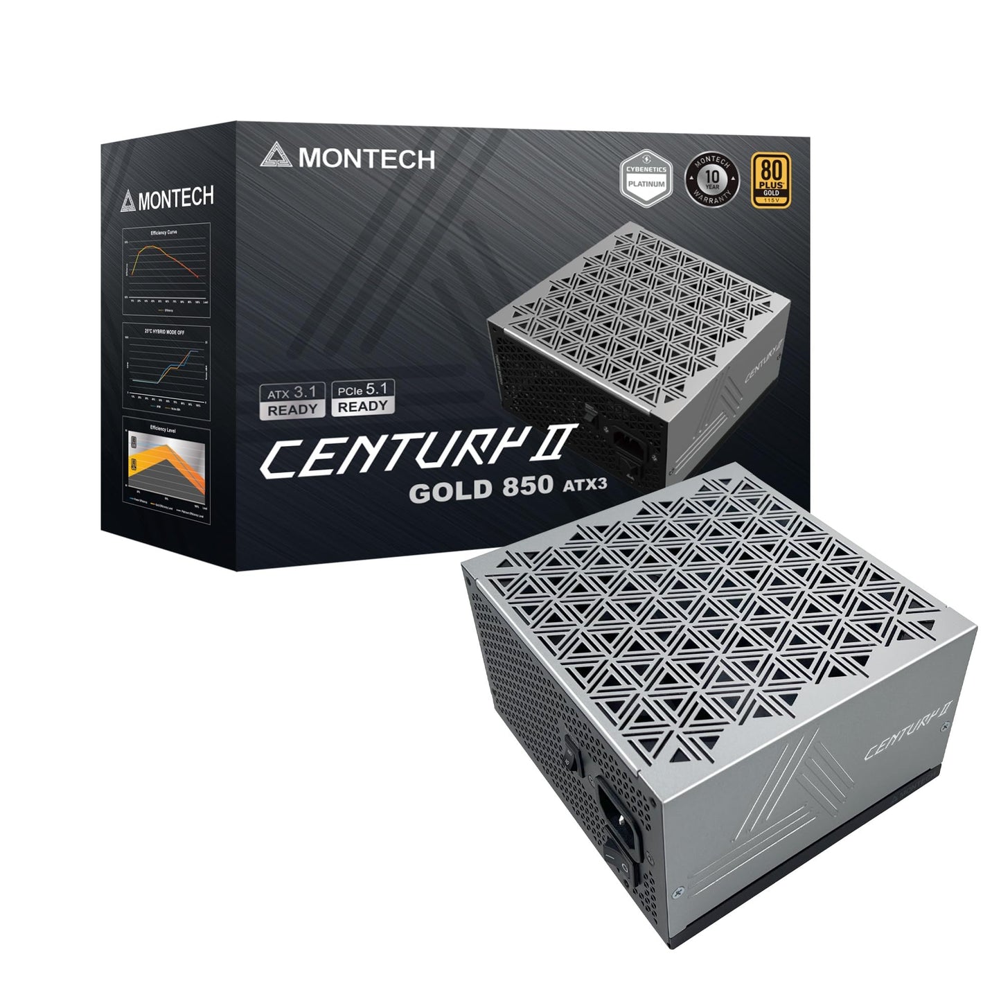MONTECH Century II - 850W High-End ATX Gaming Power Supply - 80 Plus Gold & Cybenetics Platinum - Fully Modular - ATX 3.1 & PCIe 5.1 Ready with 12V-2x6 Cable - 10 Years Warranty