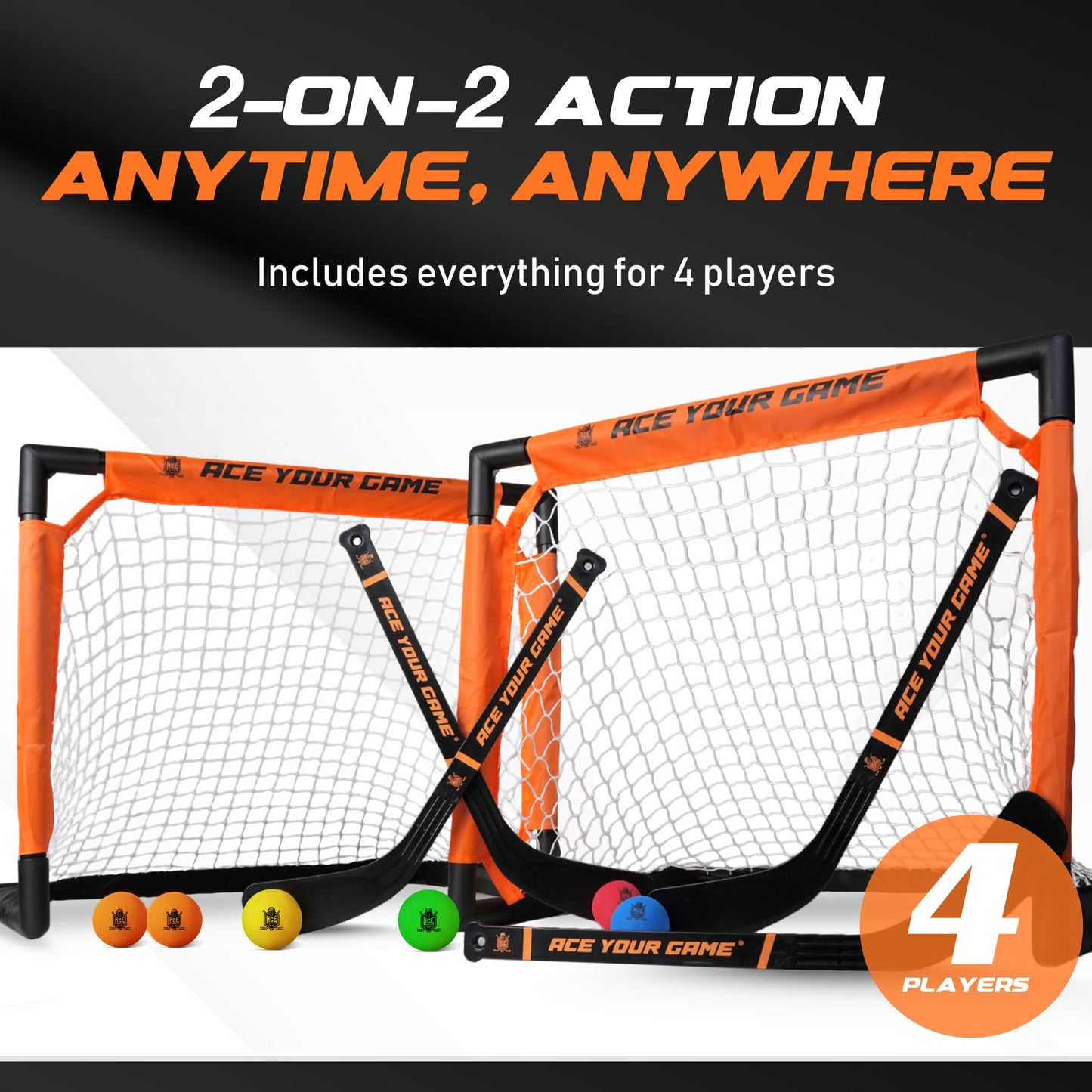 ACE HOCKEY - Mini Knee Hockey Set - Complete 4-Player Indoor/Outdoor Kit - 2 Goals, 4 Sticks, 6 Foam Balls