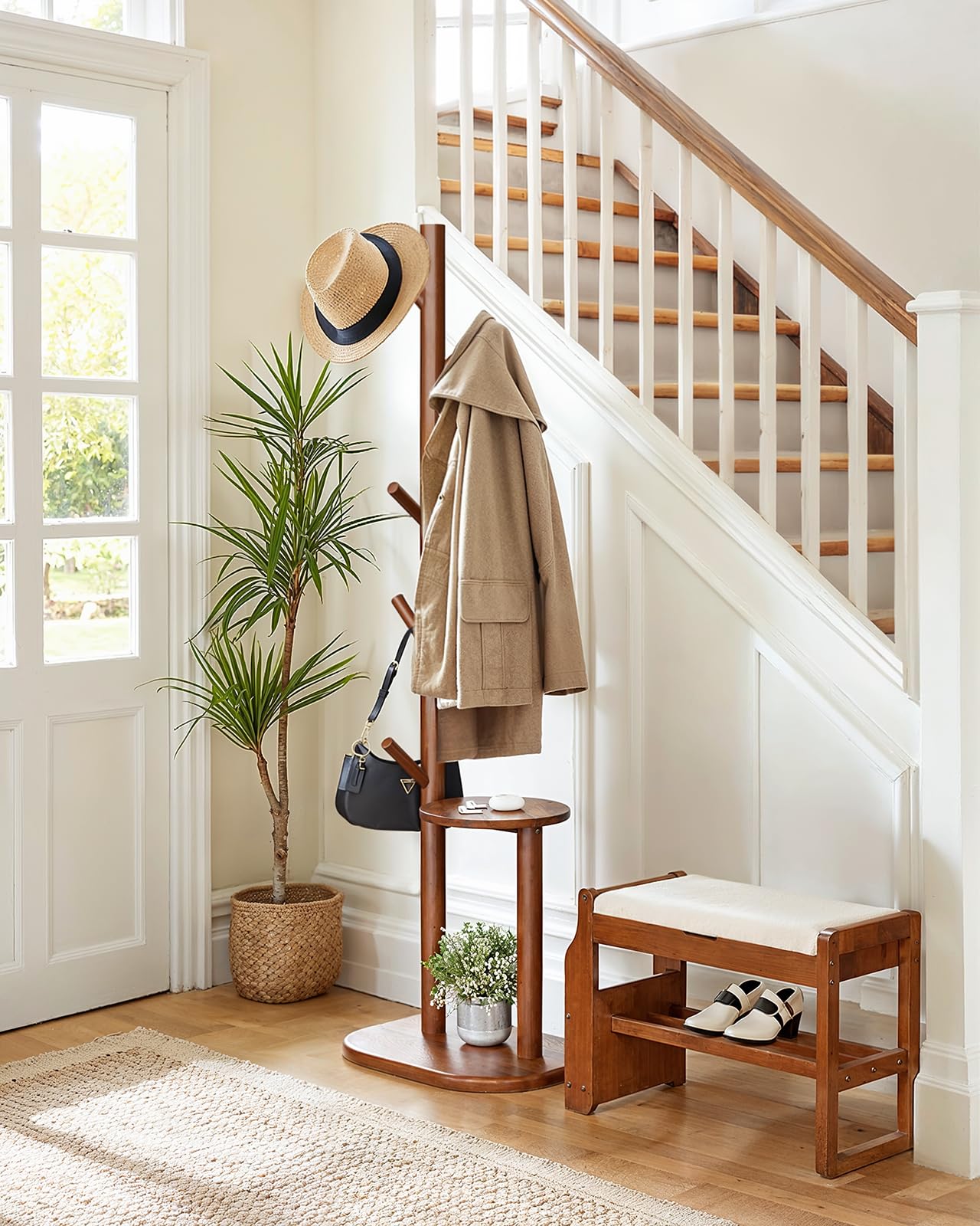 Pipishell Coat Rack, Freestanding Hall Tree with 8 Hooks & Storage Shelf, Solid Wood Base, 66.3″ Tall Coat Rack Stand for Coats, Hats, Bag in Entryway, Bedroom, Living Room, Brown