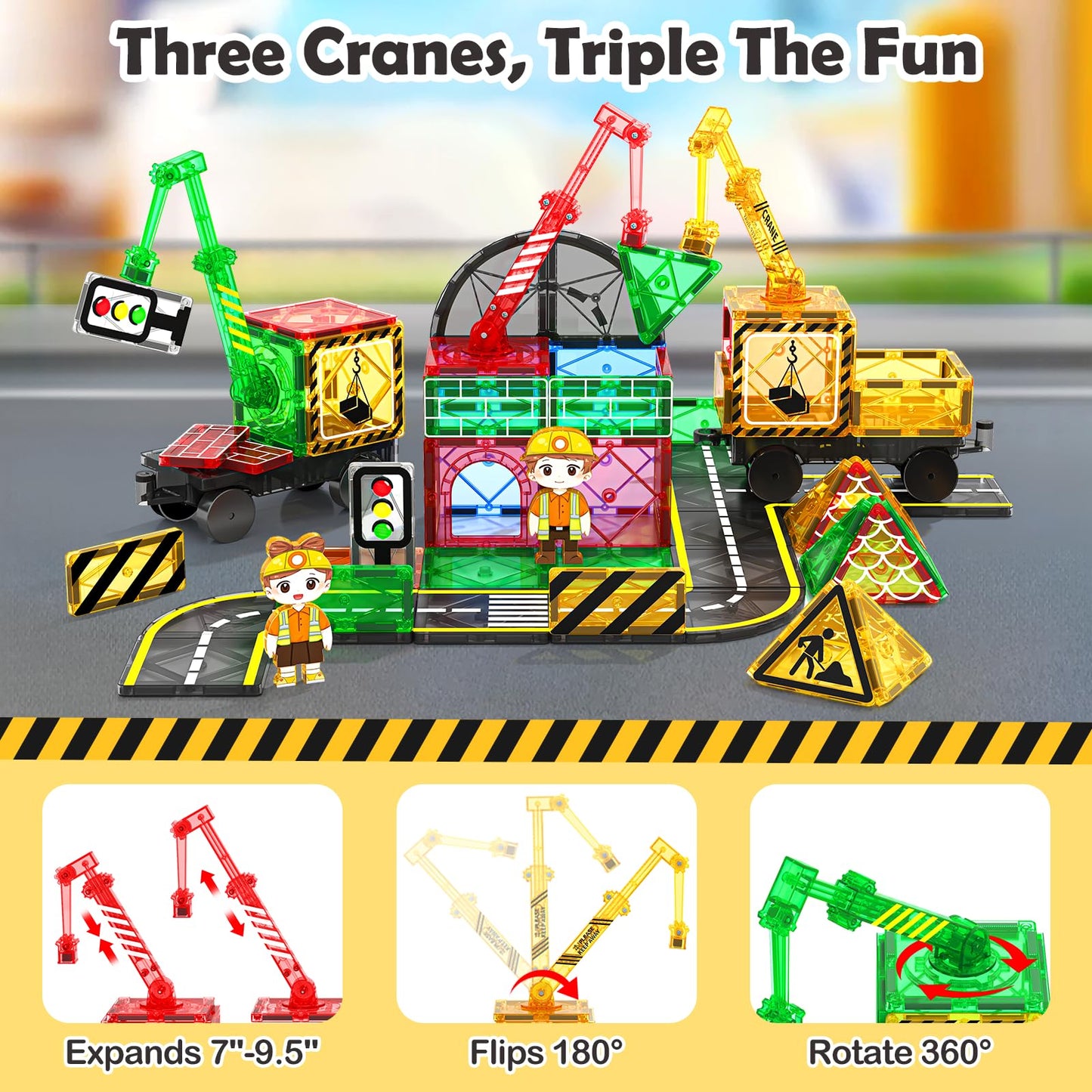 100 PCS Magnetic Tiles Road Set with 3 Cranes & 2 Cars - Magnetic Blocks City Construction Building Toys for 3+ Year Old Boys Girls Ideal Preschool Learning Outdoor Toys Creative Toddler Kids Toys