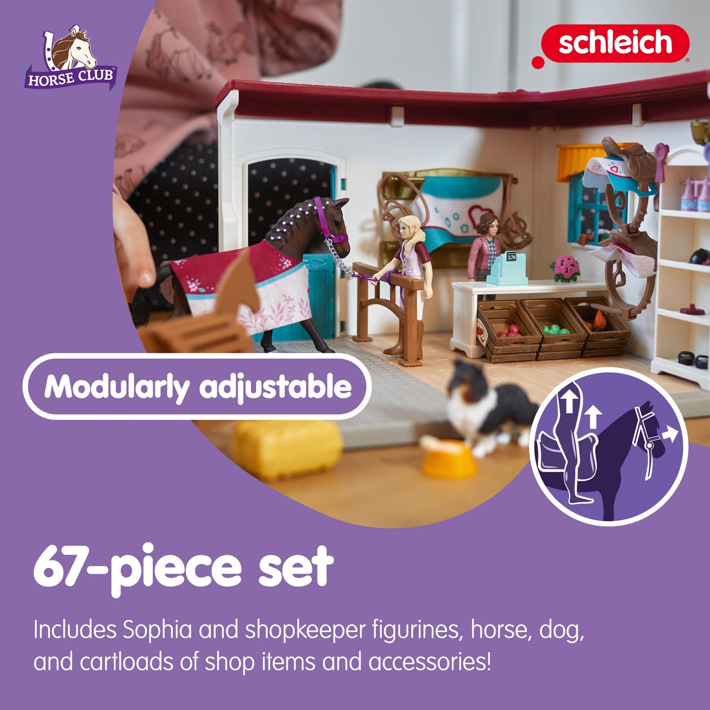 Schleich Horse Club - 67PC Sofia's Tack Shop Playset with Toy Horse Figurine, 2 Poseable Action Figures and Accessories - Realistic Pretend Shopping Toys for Girls and Boys - Kids Toys Ages 5+ | 42568