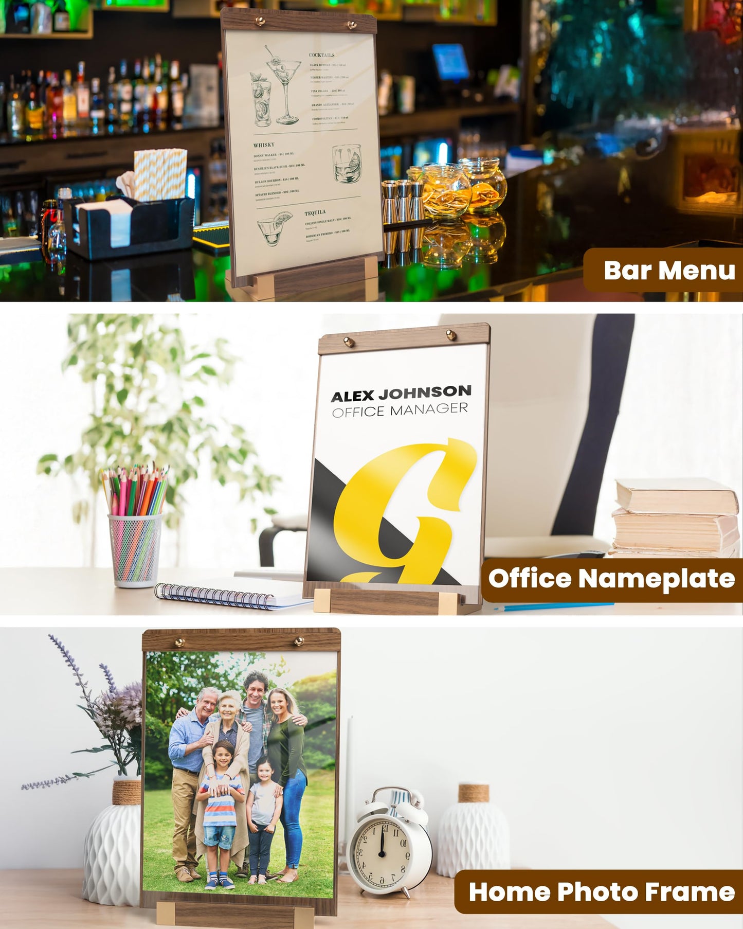 EliteSign Acrylic Sign Holder 8.5 x 11 with Walnut Wood Base, Clear Plastic Commercial Display Stand for Menu, Poster, Flyer, Table Paper Frame for Restaurant, Office, Store, Bar, Wedding (3pk)