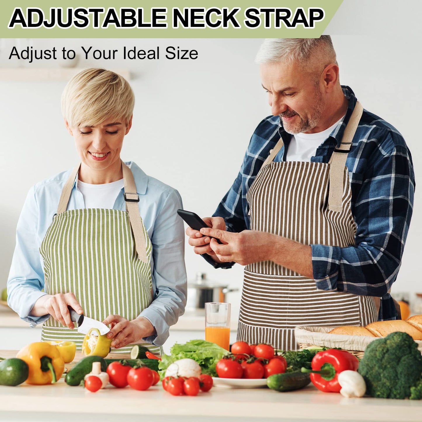 Janmercy 24 Pcs Aprons for Women Men with 2 Pockets Linen Cooking Kitchen Apron Adjustable Bib Chef Apron Bulk Aprons Unisex(Brown/green,Thin Stripes)