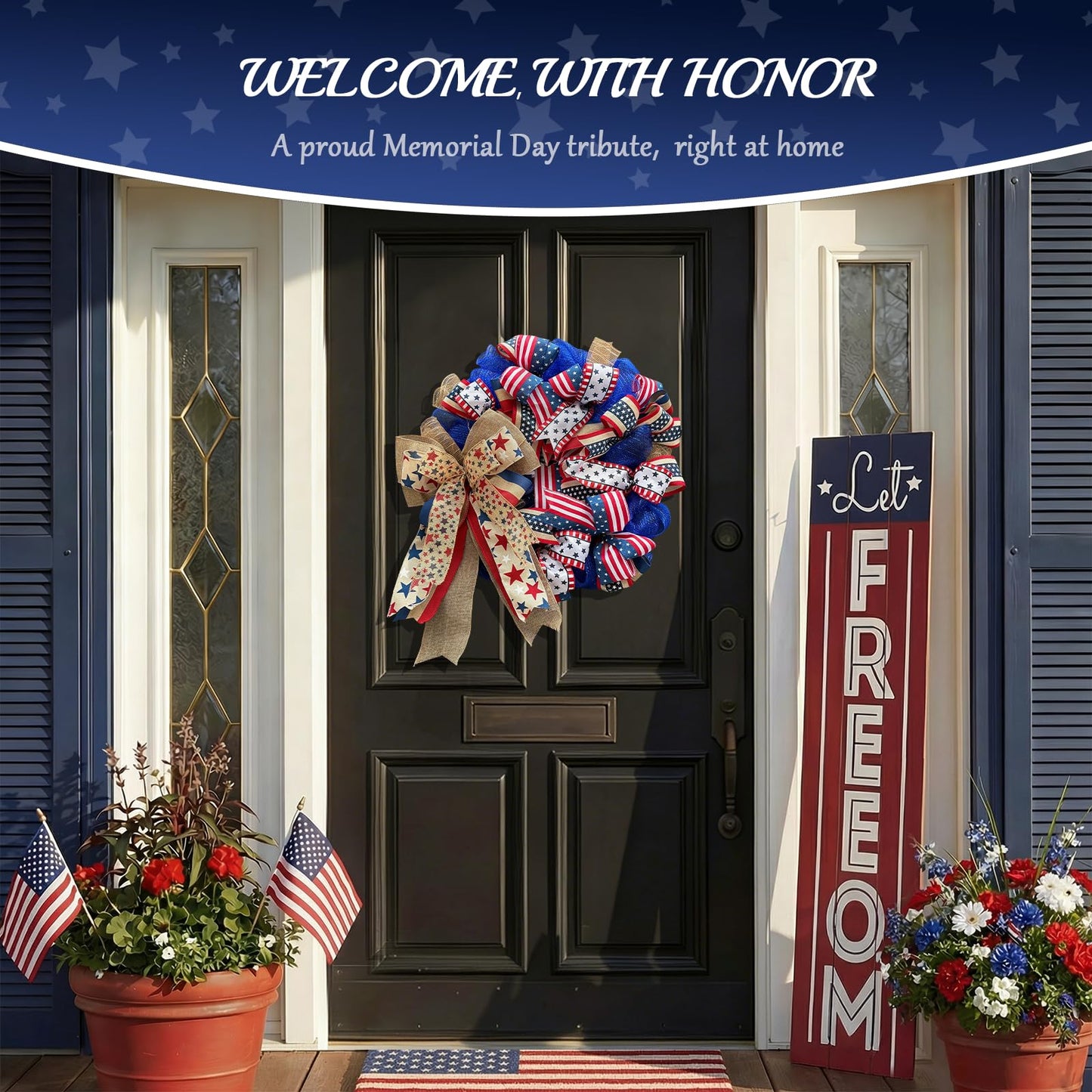 Presentastic 250th Anniversary Patriotic Wreaths for Front Door, 24 Inch Large 4th of July Decorations, Handcrafted Ribbon Burlap Bow, Red White and Blue Memorial Day Wreath with Lights & Storage Bag