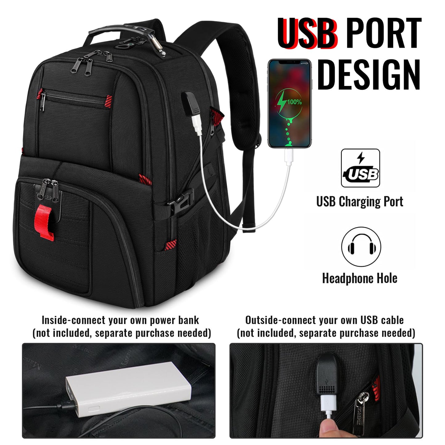 YOREPEK 18.4 Laptop Large Backpacks Fit Most 18 Inch Laptop with USB Charger Port,TSA Friendly Flight Approved Weekend Carry on Backpack with Luggage Strap for Men and Women, Black