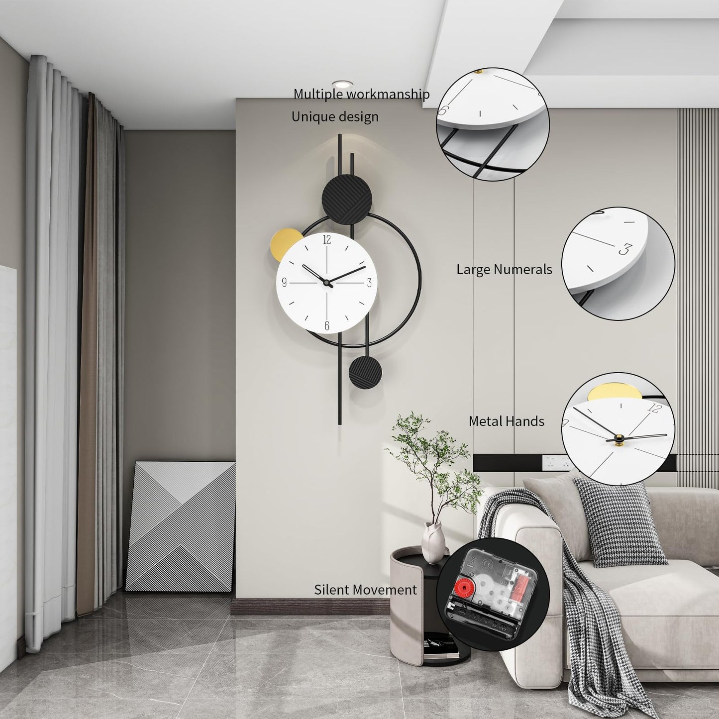 JUJUDA Large Wall Clock for Living Room, Big Decorative Wood Silent Wall Clocks for Home Decor Bedroom Kitchen Office, 27 Inch Modern Wall Clock Battery Operated Non Ticking Metal Unique Clocks Wall