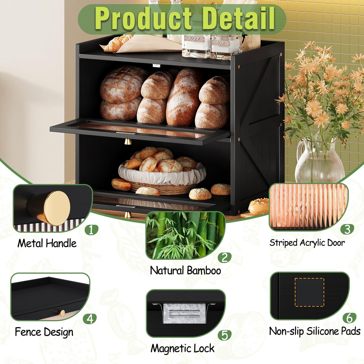 Trironsun Double Layer Bread Box for Kitchen Counter Black Bread Storage Container with Acrylic Door Large Farmhouse Breadbox Organizer Bread Holder (Black)
