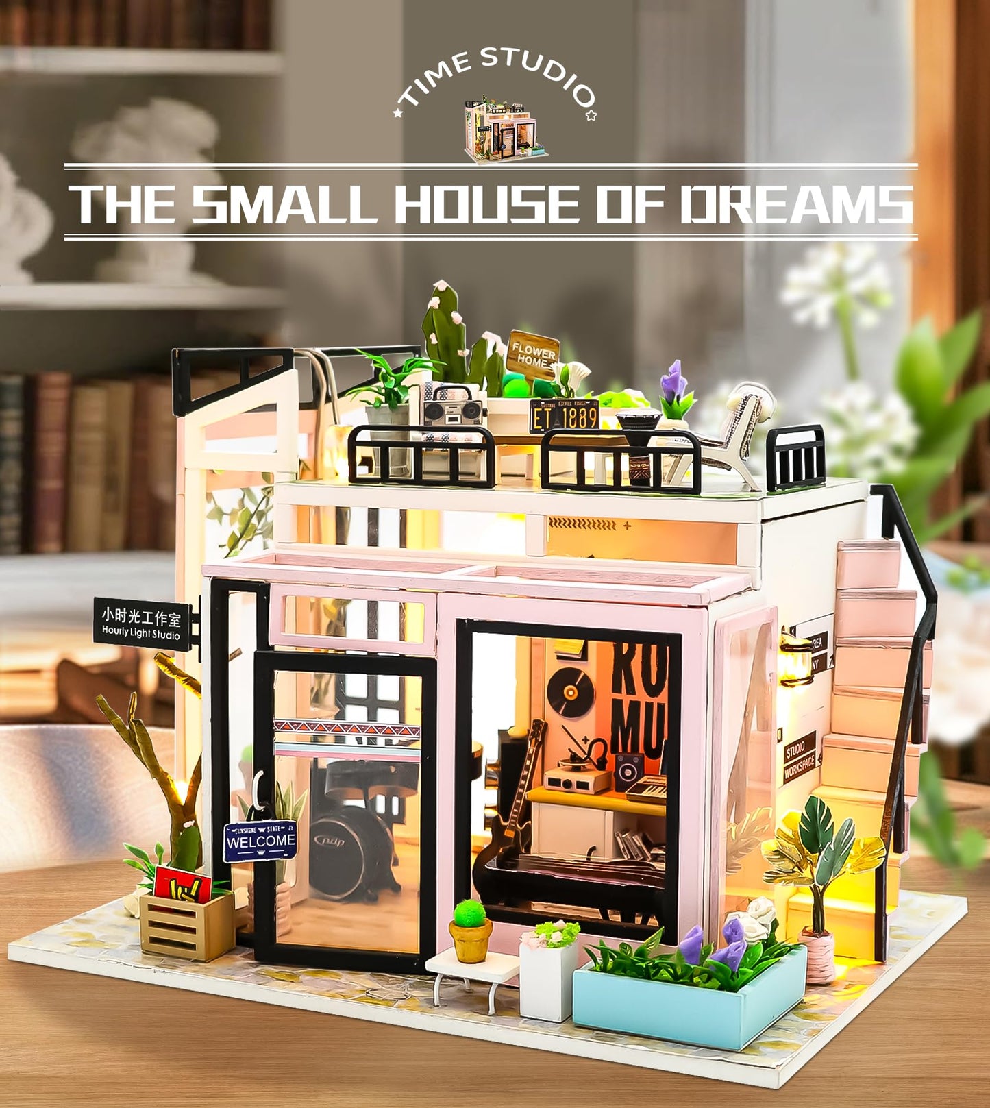 Spilay DIY Miniature Dollhouse Wooden Furniture Kit,Handmade Mini Modern Model Plus with Dust Cover & Music Box,1:24 Scale Creative Doll House Toys for Adult Friend Lover Gift(Time Studio)