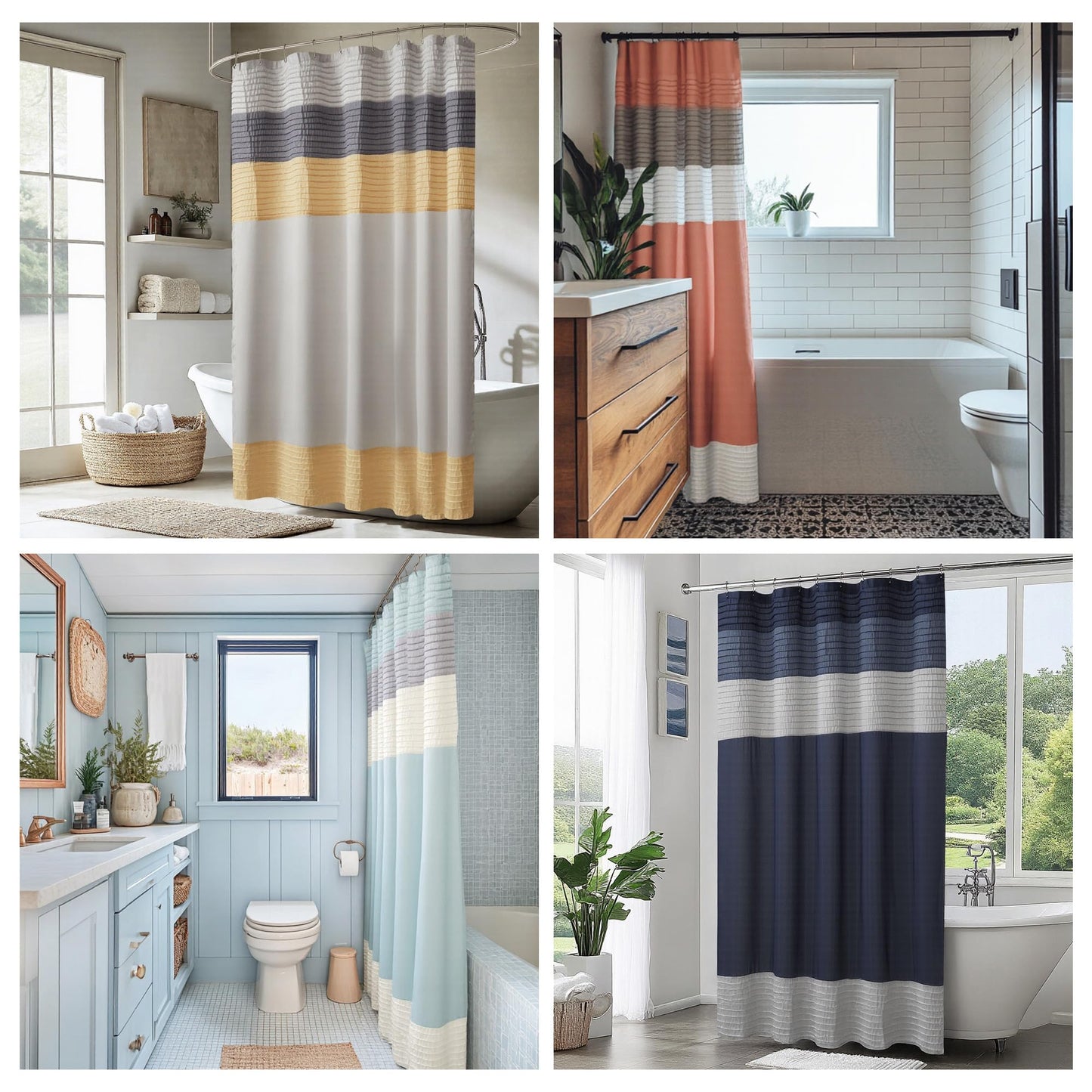Madison Park Amherst Bathroom Shower Curtain Faux Silk Pieced Striped Modern Microfiber Bath Curtains, 72x84 Inches, Navy