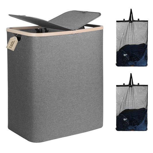 DOKEHOM 160L Extra Large Laundry Hamper with Lid, 2-Section Double Laundry Basket with Removable Mesh Liner Bags, Collapsible Clothes Sorter for Family, Bedroom, Laundry Room, Dark Grey