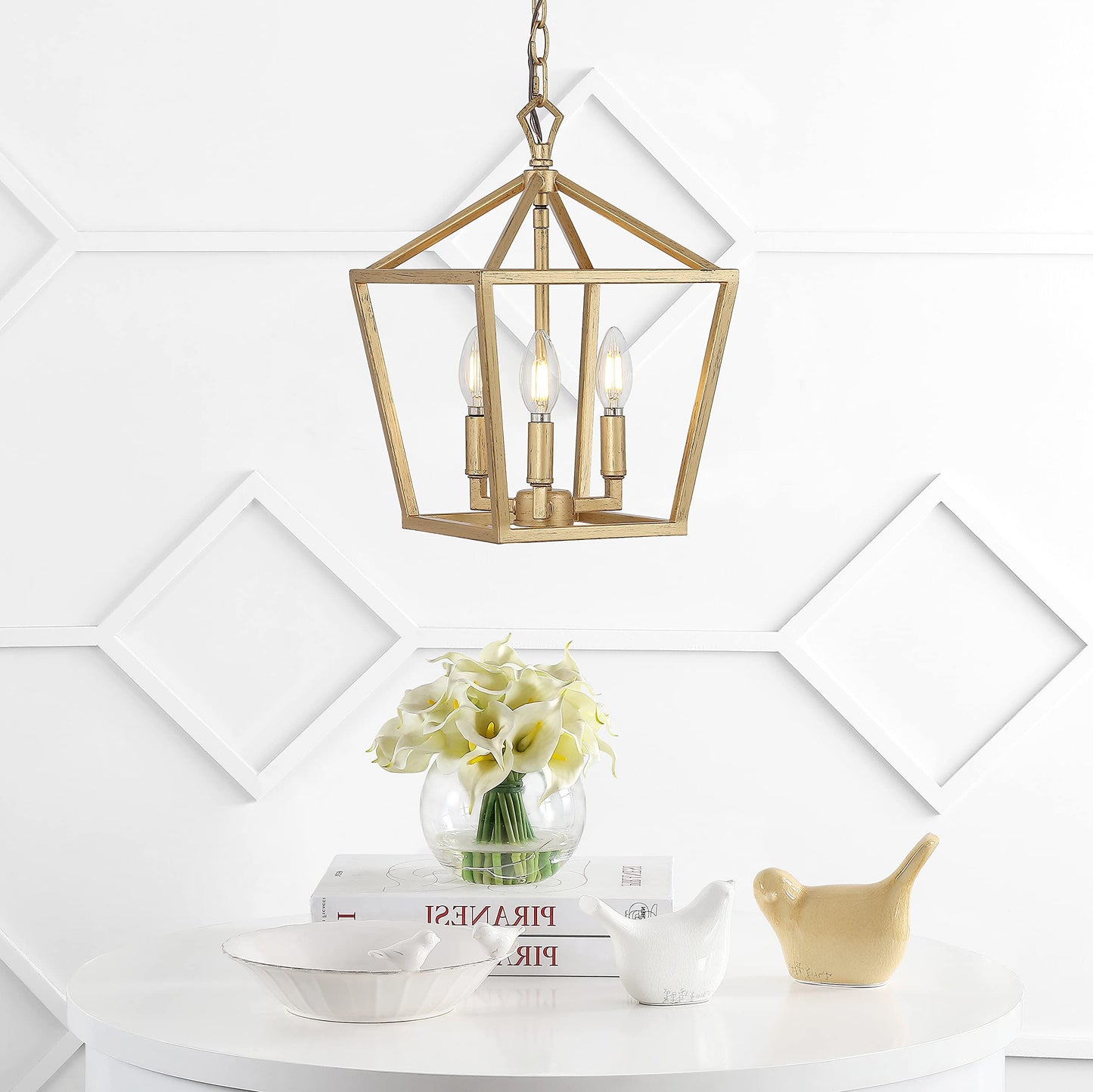 JONATHAN Y JYL7601B 10" 3-Light Farmhouse Pendant Lantern, Brass Gold Pagoda Cage Chandelier for Kitchen Island, Foyer, Entryway, Rustic Adjustable Hanging Ceiling Light Fixture, LED Bulbs Included