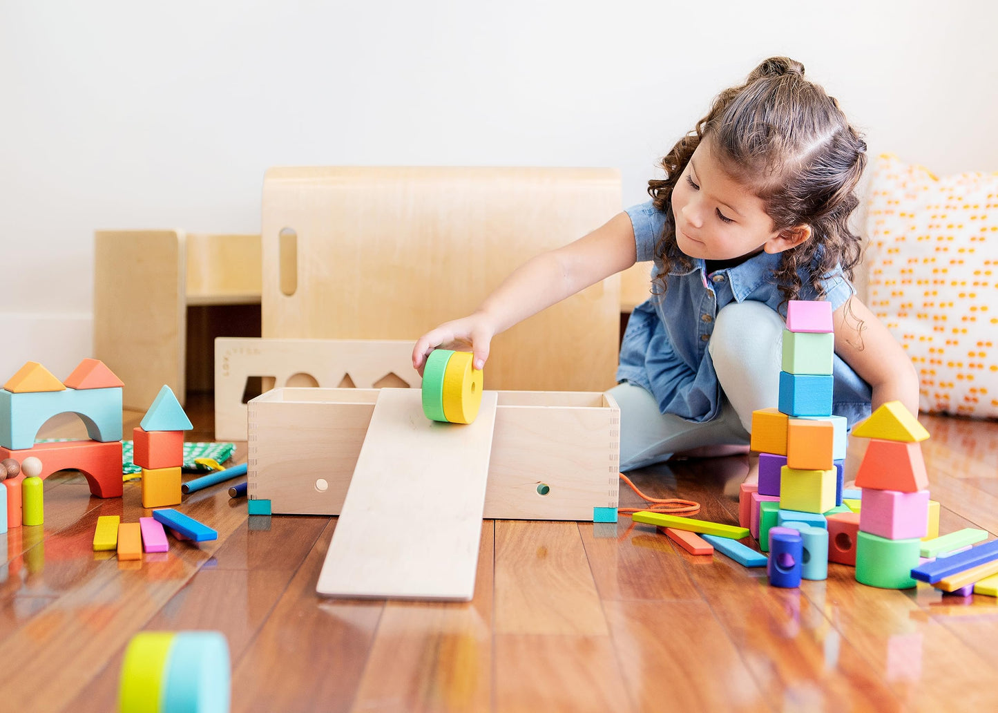 The Block Set by Lovevery – Solid Wood Blocks and Shapes + Wood Storage Box, 70 Pieces, 18 Colors, 20+ Activities