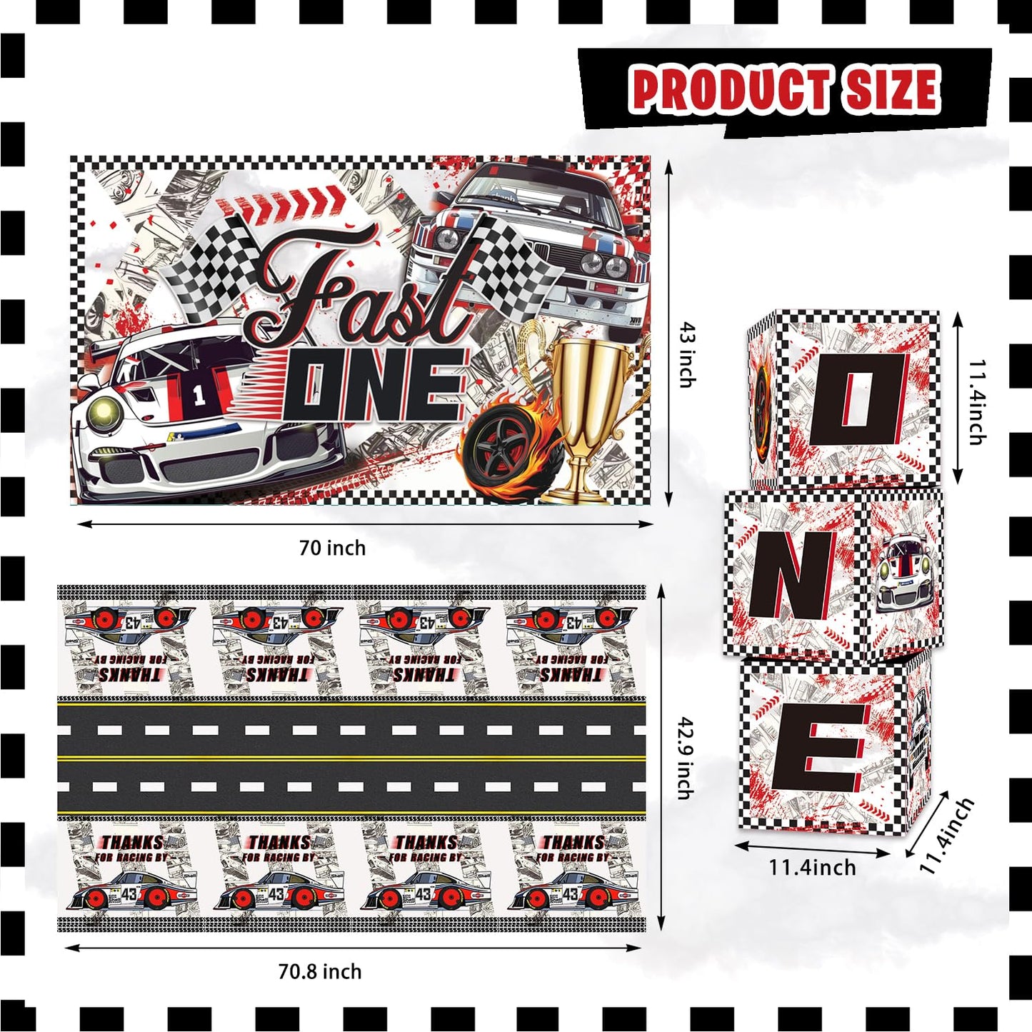 LXlucktim Fast One Birthday Decorations, 125 Pcs Race Car First 1st Birthday Party Supplies for Boys Baby - Banner, Cake Toppers, Balloons, Tablecloth, Centerpieces, Crown, Poster, Baby Boxes